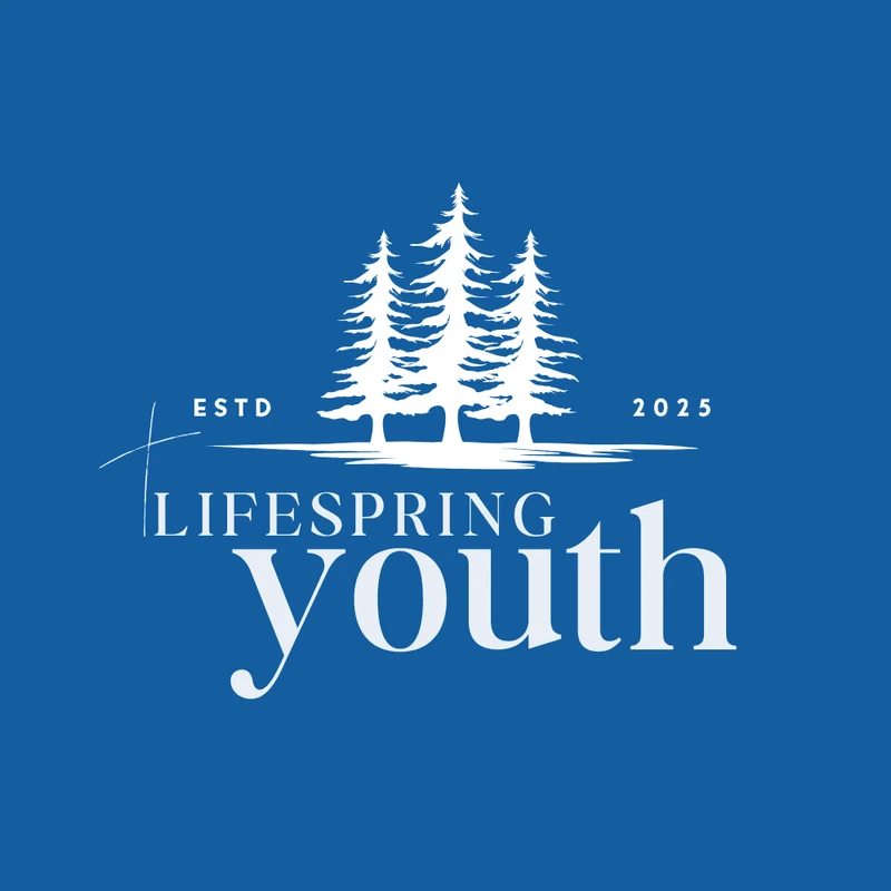 A white logo for 'Lifespring Youth' on a solid blue background. The design features three pine trees, a small cross, and the text 'ESTD 2025'.