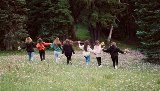 A group of seven young women seen from behind, holding hands as they walk through a green meadow full of wildflowers towards a dense forest of pine trees.