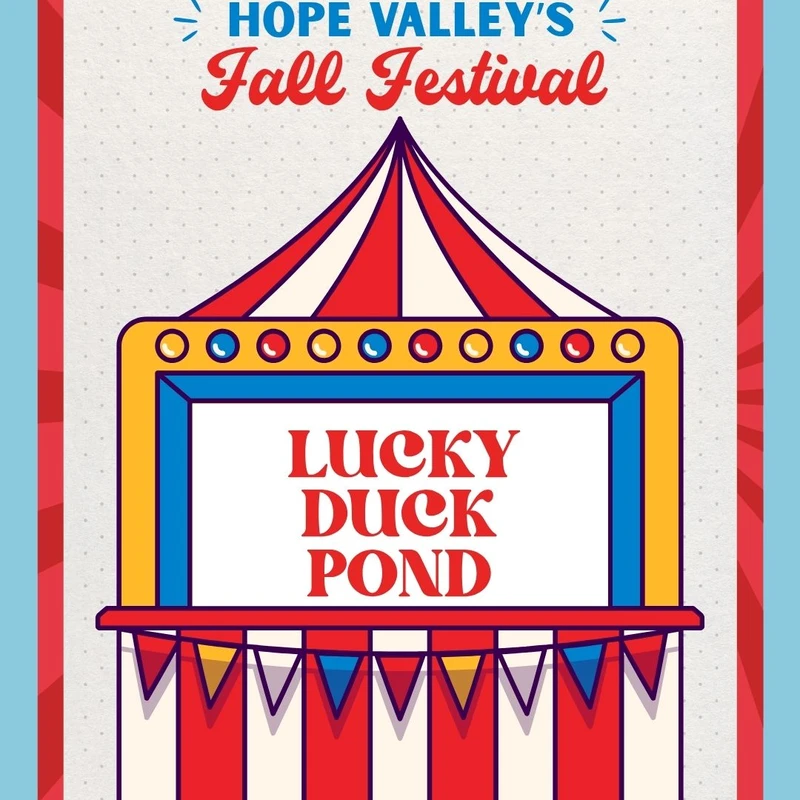 A retro-style poster for Hope Valley's Fall Festival, featuring a colorful illustration of a carnival game booth labeled 'Lucky Duck Pond'.