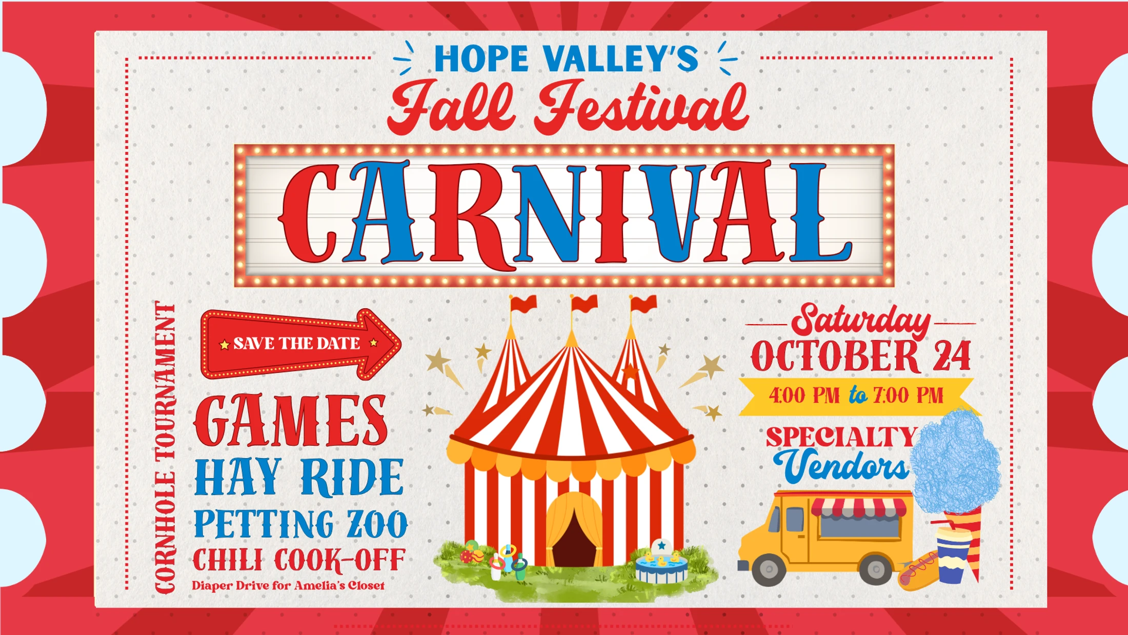 A colorful poster for Hope Valley's Fall Festival Carnival on Saturday, October 24, with illustrations of a circus tent and a food truck.