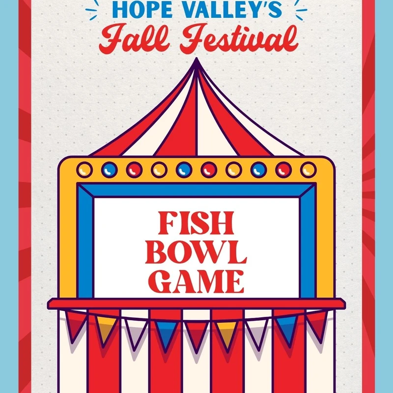 A retro-style poster for Hope Valley's Fall Festival, featuring a colorful carnival booth for a 'Fish Bowl Game' under a red and white striped awning.