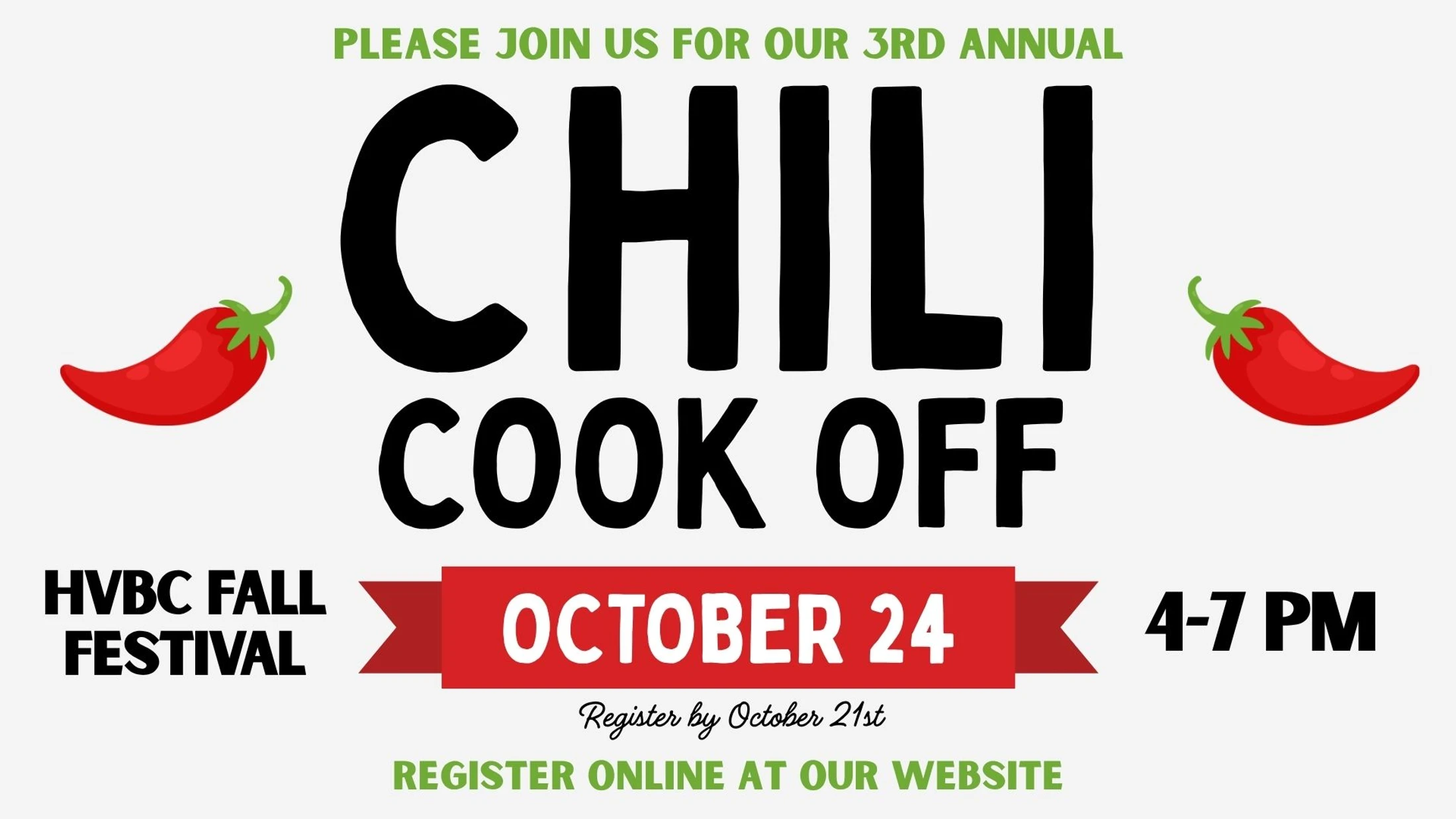 A promotional flyer for the 3rd annual Chili Cook Off, part of the HVBC Fall Festival on October 24 from 4-7 PM, decorated with two red chili peppers.