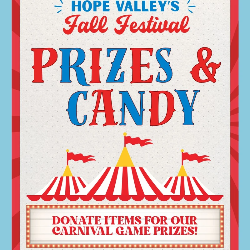 A carnival-themed poster for Hope Valley's Fall Festival, requesting donations of prizes and candy for carnival games. Features circus tents and bold text.