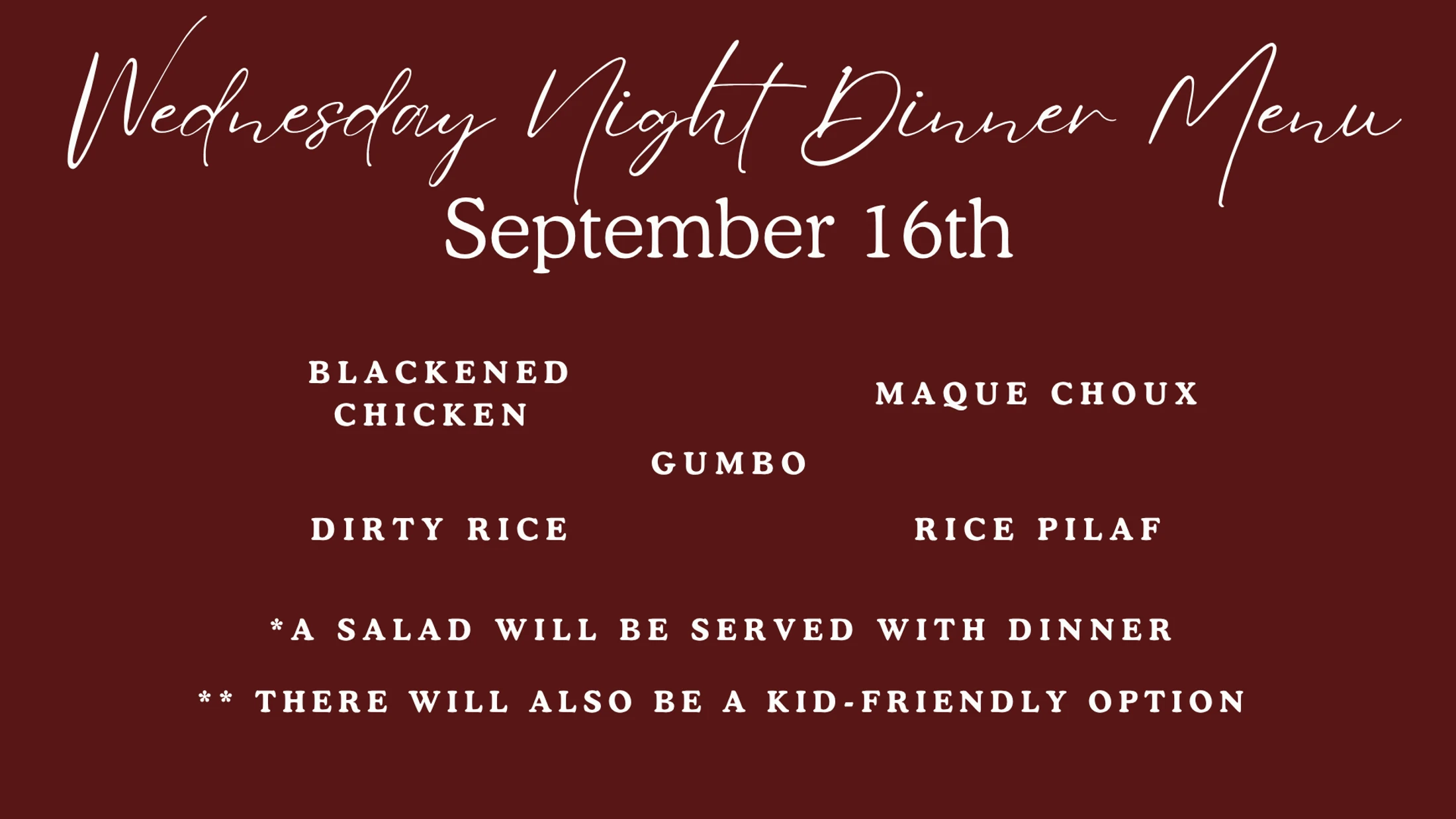 Wednesday Midweek Menu - 9/16