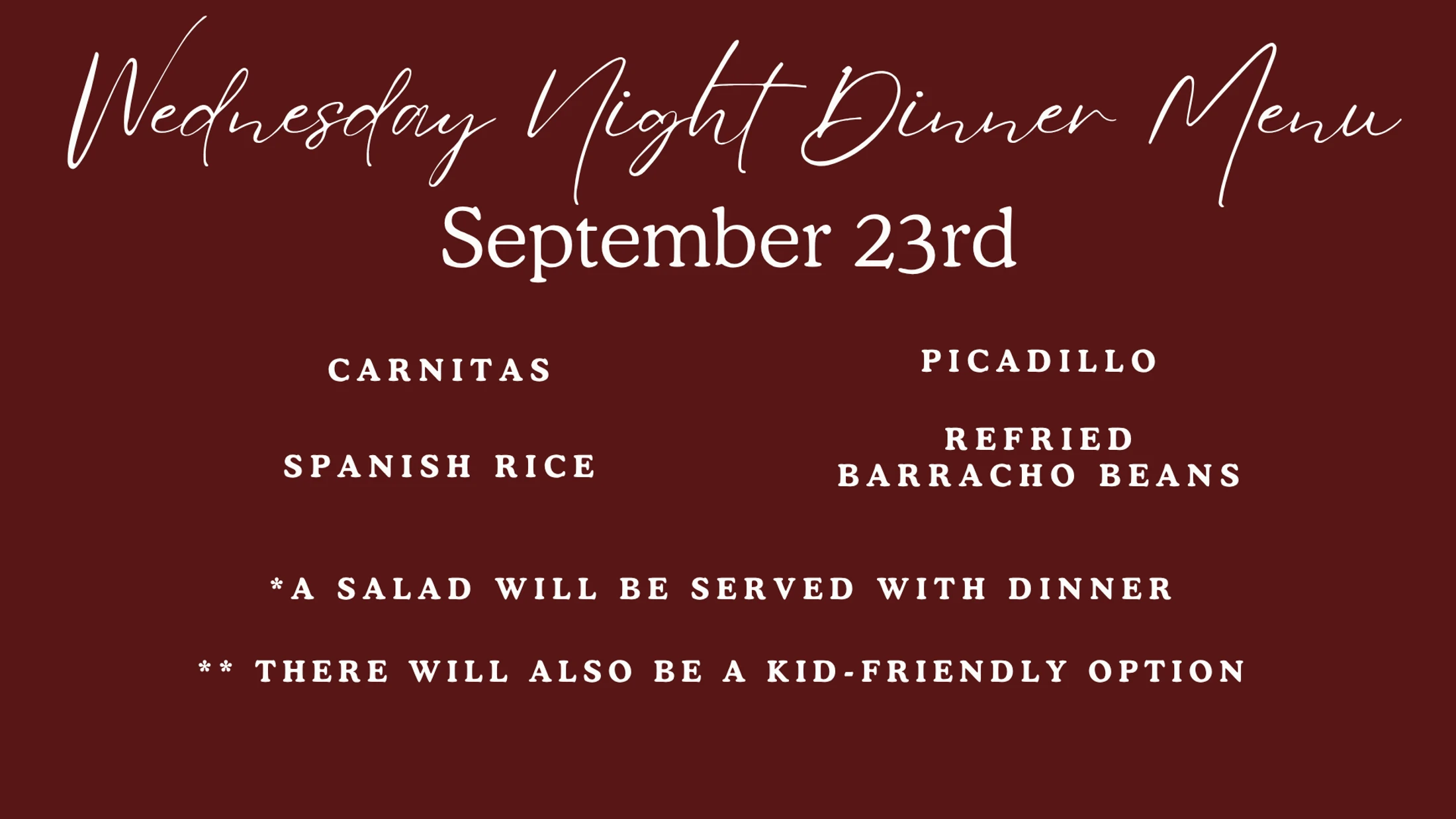 Wednesday Midweek Menu - 9/23