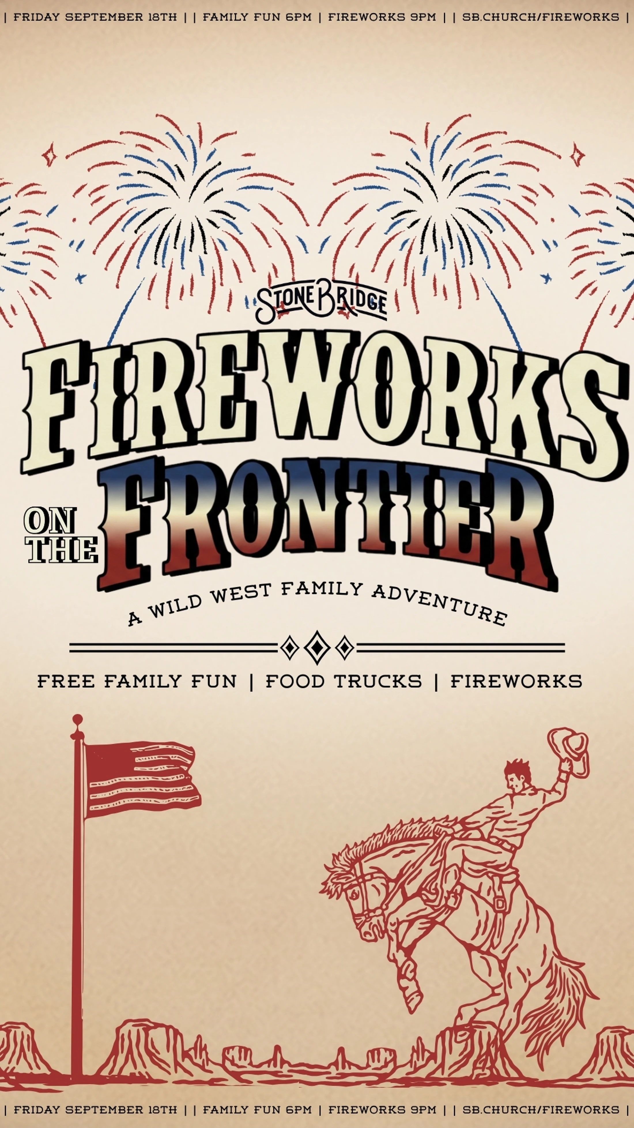 A poster for a 'Fireworks on the Frontier' event. It has a Wild West theme with illustrations of fireworks, a cowboy on a horse, and event details.