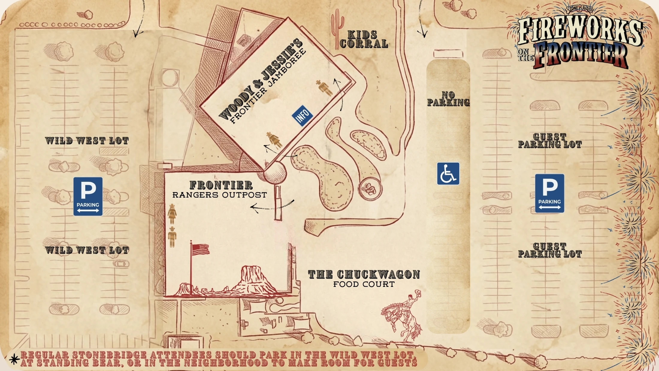 A rustic, western-themed map for the 'Fireworks on the Frontier' event, showing parking, a food court, and activity areas like a jamboree and kids corral.