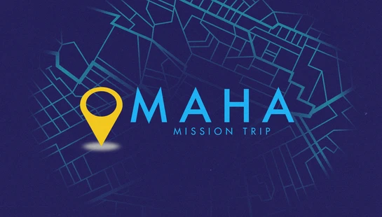 A graphic for an Omaha mission trip with the word Omaha written over a stylized map. A yellow map pin replaces the letter O.
