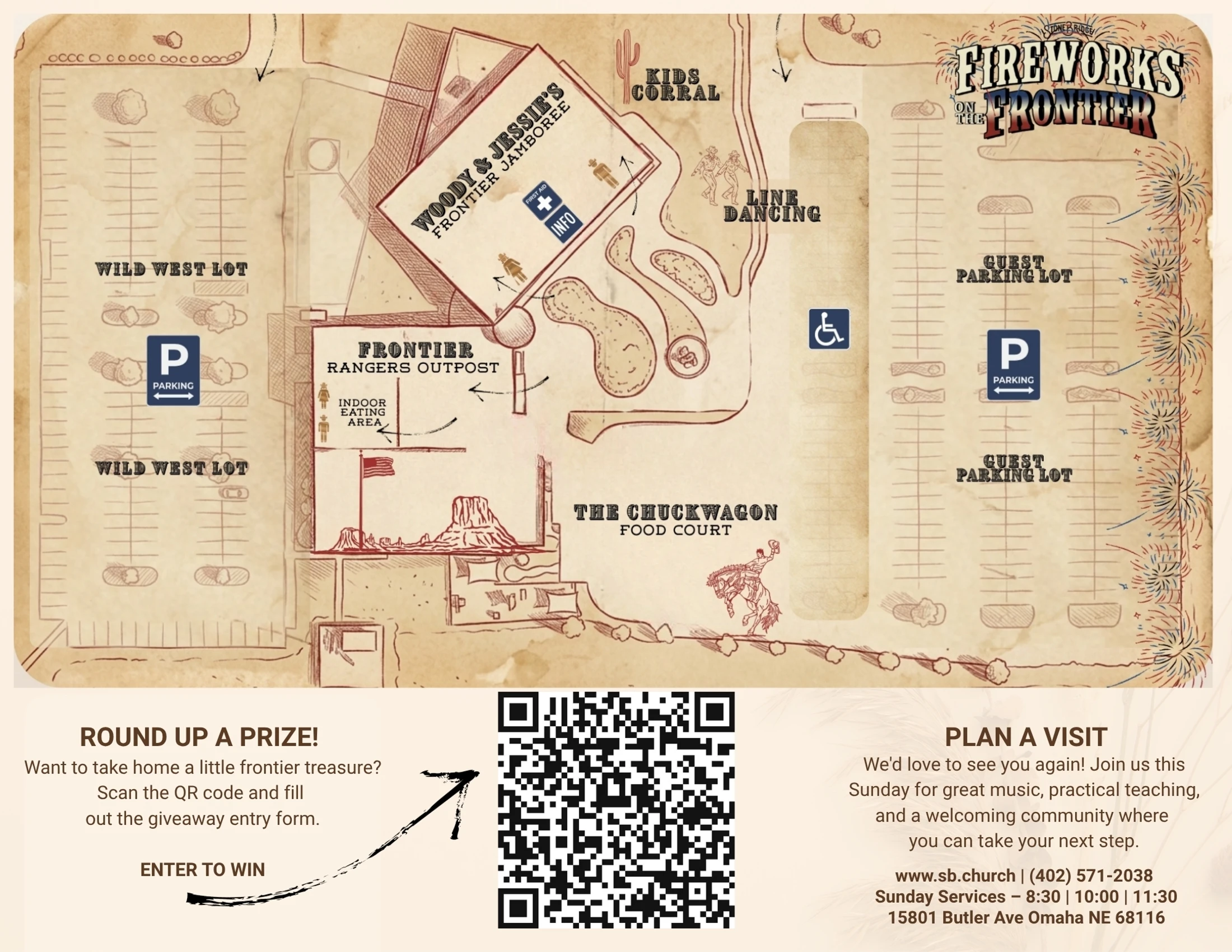 A vintage, western-themed map for an event called 'Fireworks on the Frontier,' showing parking, food court, and activity areas with a QR code for more info.