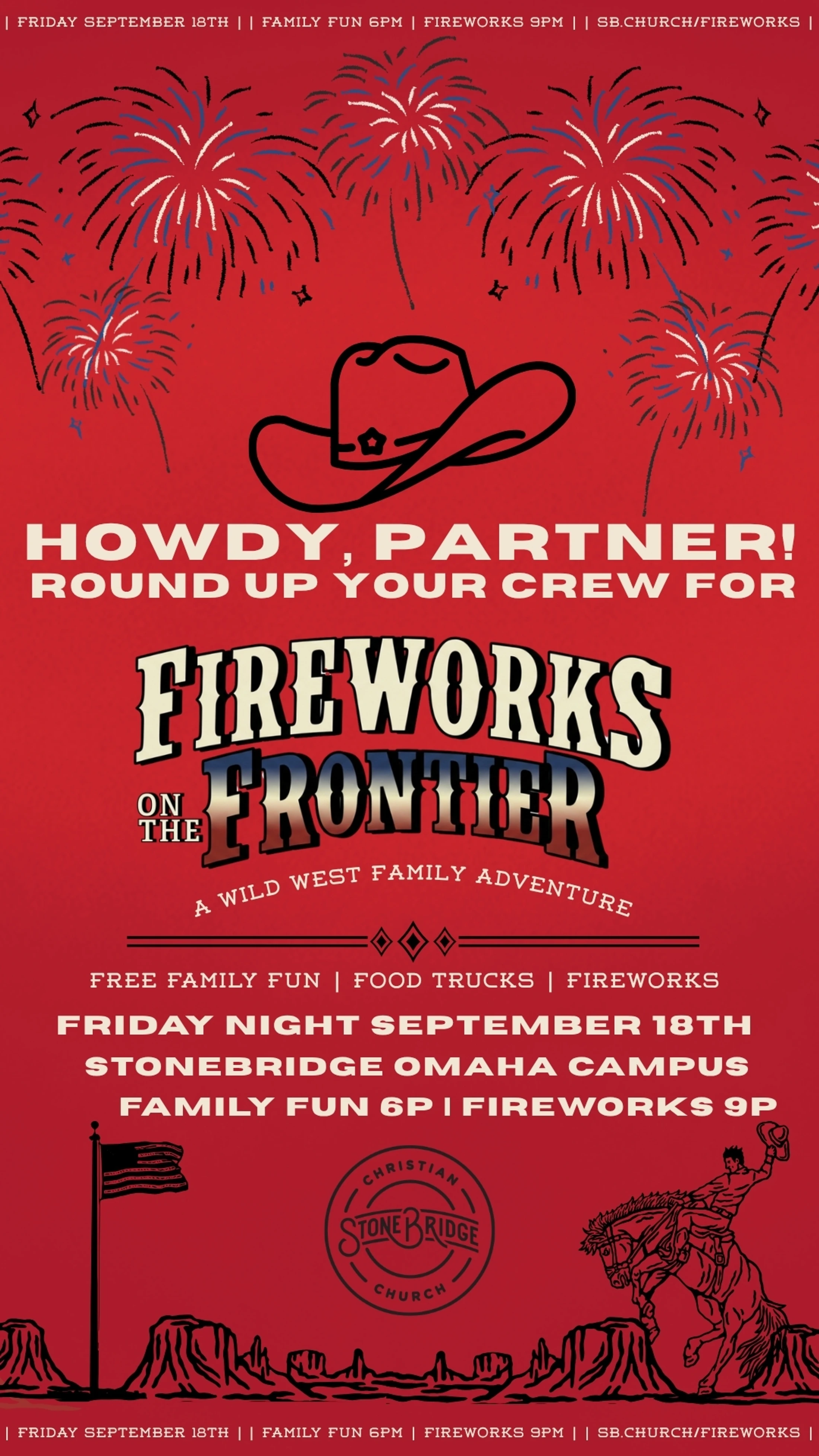 A red flyer for a 'Fireworks on the Frontier' event. It has a Wild West theme with illustrations of fireworks, a cowboy hat, and a bucking bronco rider.