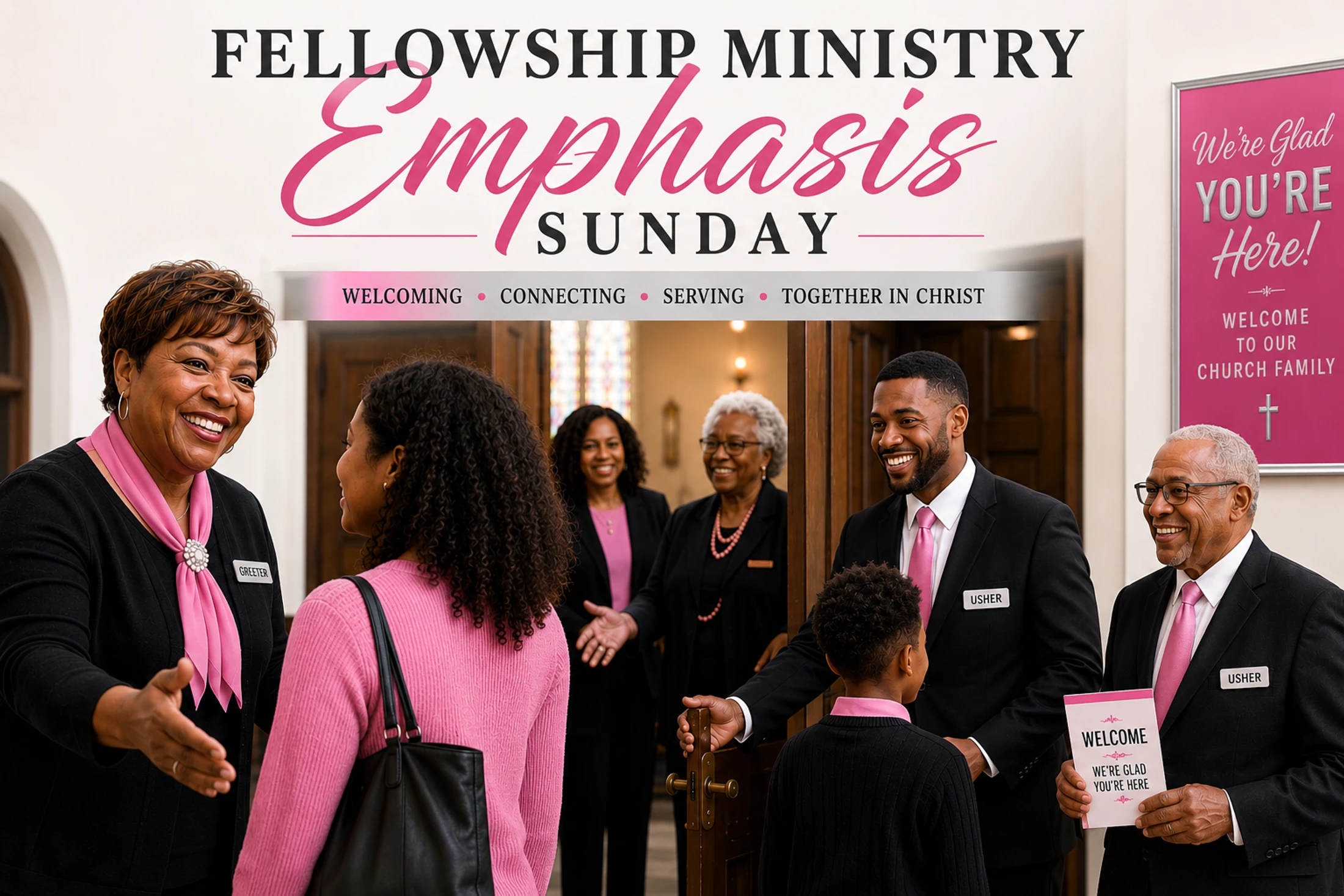 Church greeters and ushers in black suits with pink accents warmly welcome a family into a church for Fellowship Ministry Emphasis Sunday.