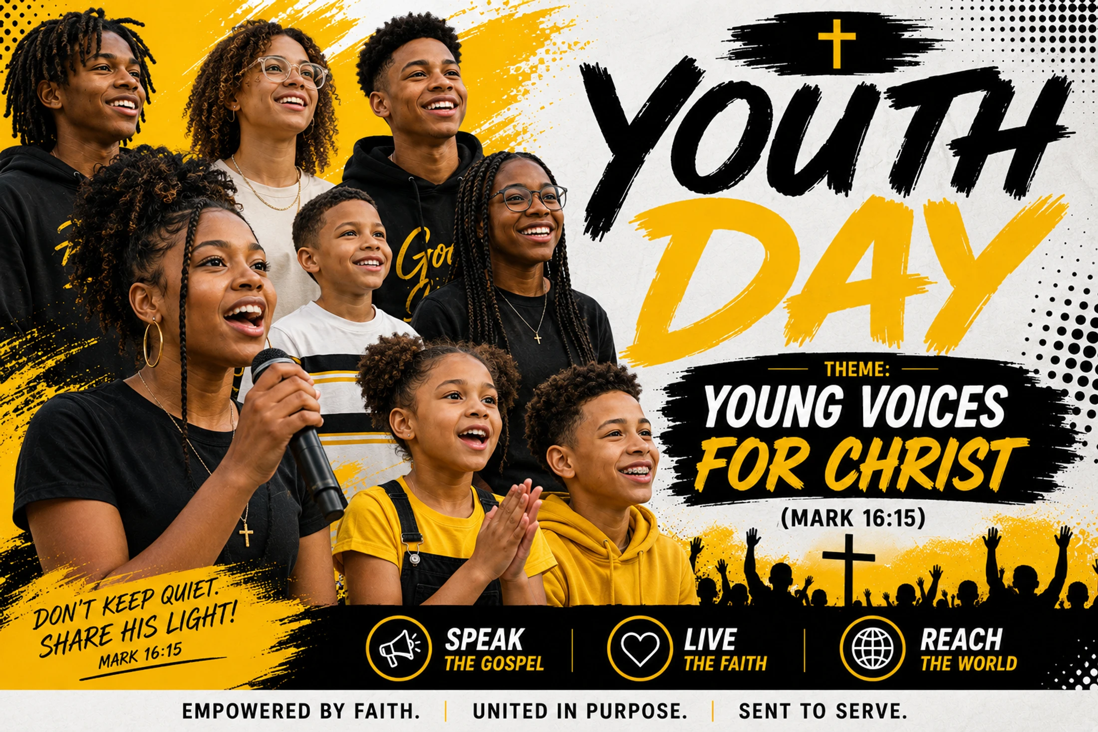 A promotional poster for a church Youth Day with a group of smiling Black youth singing. The text reads, "Youth Day, Theme: Young Voices for Christ."