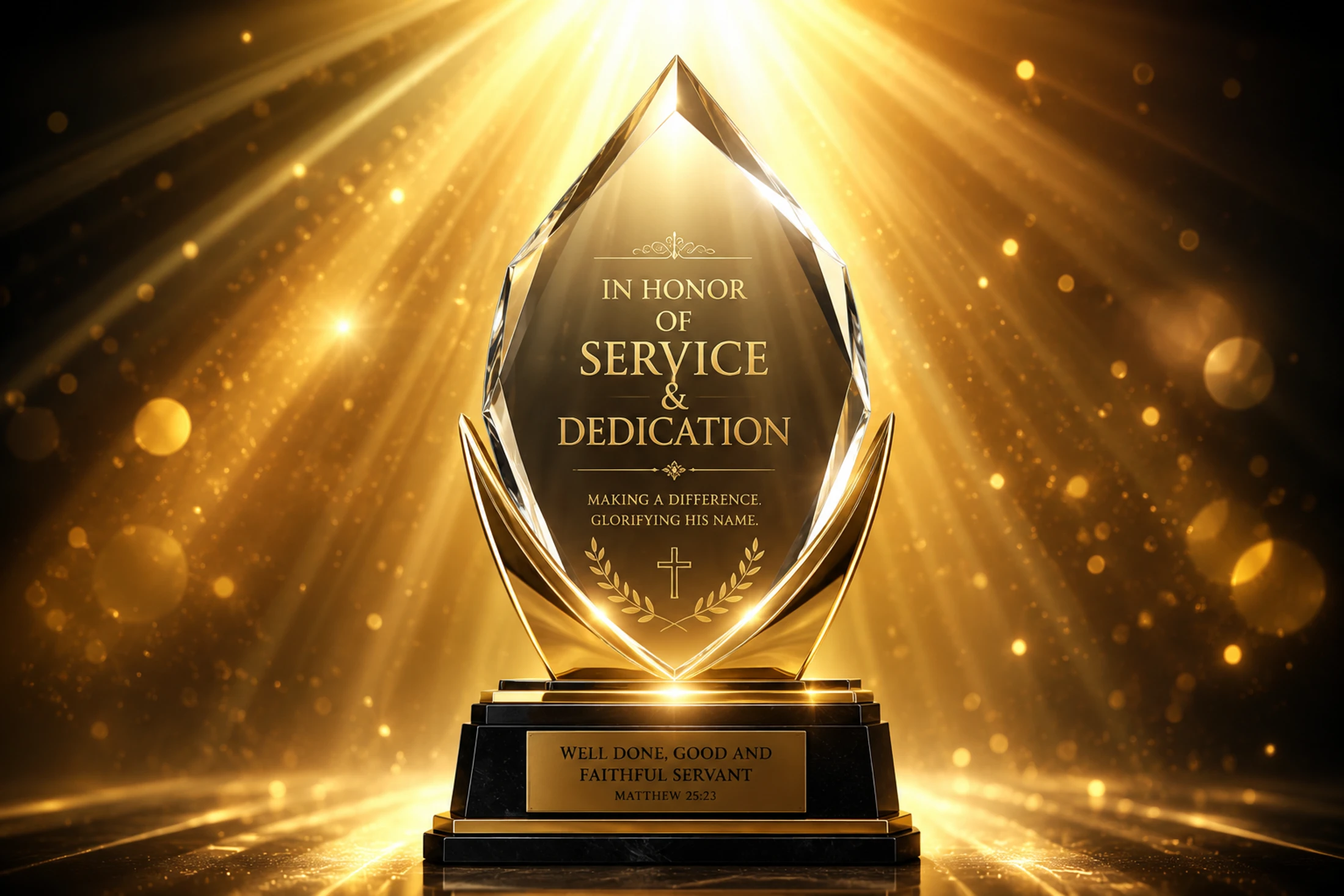 A crystal and gold trophy engraved with 'In Honor of Service & Dedication' and a Bible verse, set against a glowing golden background with light rays.