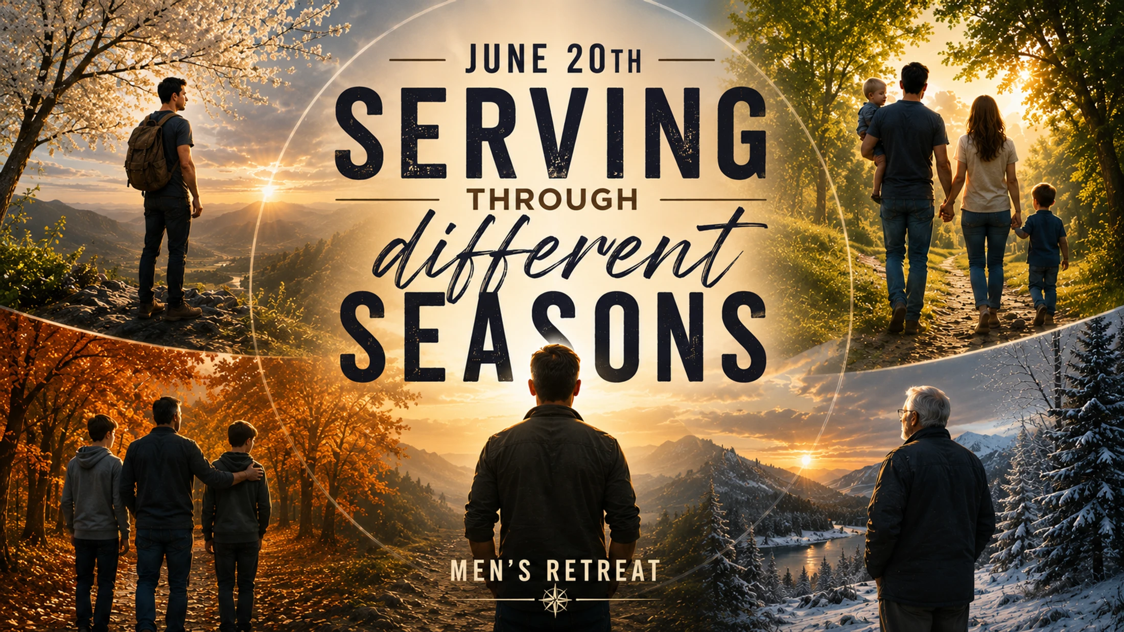 A collage promoting a men's retreat shows men in various stages of life—youth, fatherhood, and old age—set against backdrops of the four seasons.