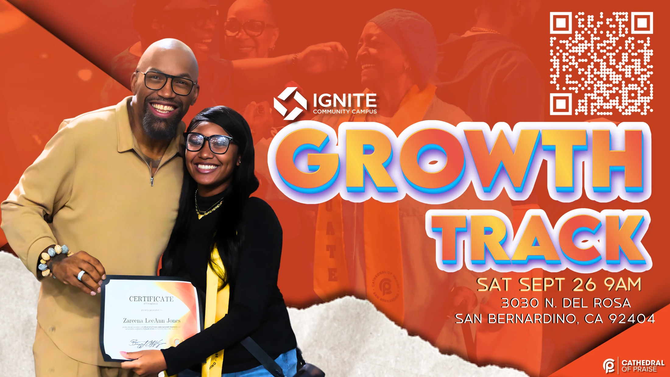 Flyer for a Growth Track event showing a smiling man presenting a certificate to a woman. Event details and a QR code are on the right side.