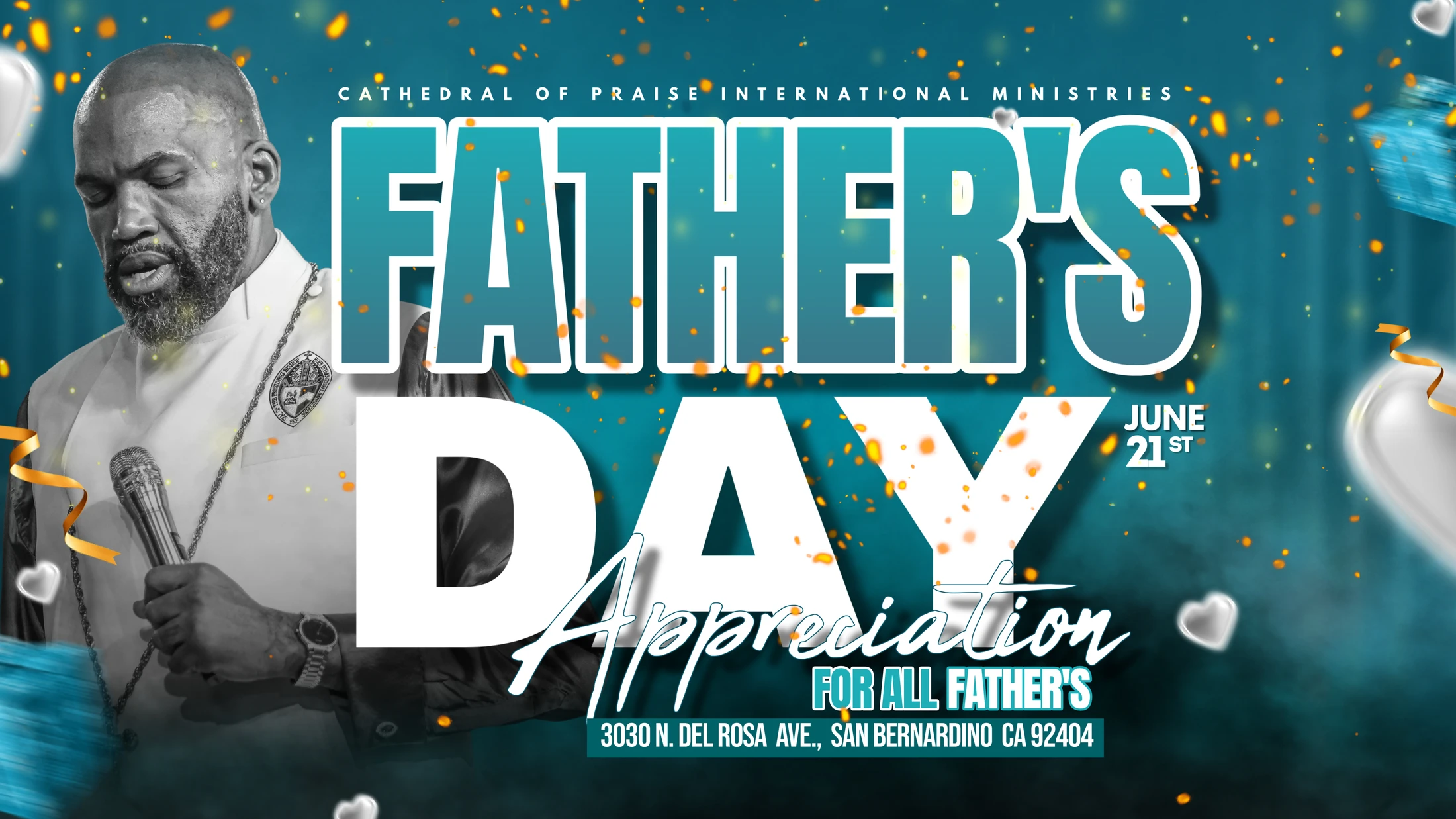 A flyer for a Father's Day event on June 21st. It features a pastor in black and white on a teal background with gold confetti and event details.