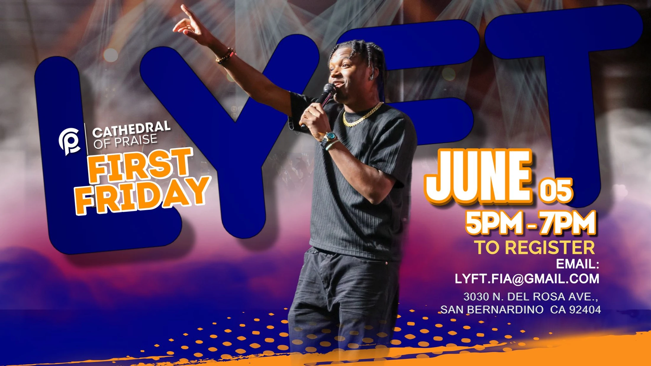 A flyer for a 'First Friday' event at Cathedral of Praise on June 5. A man is on stage with a microphone, pointing up. Event details are listed.