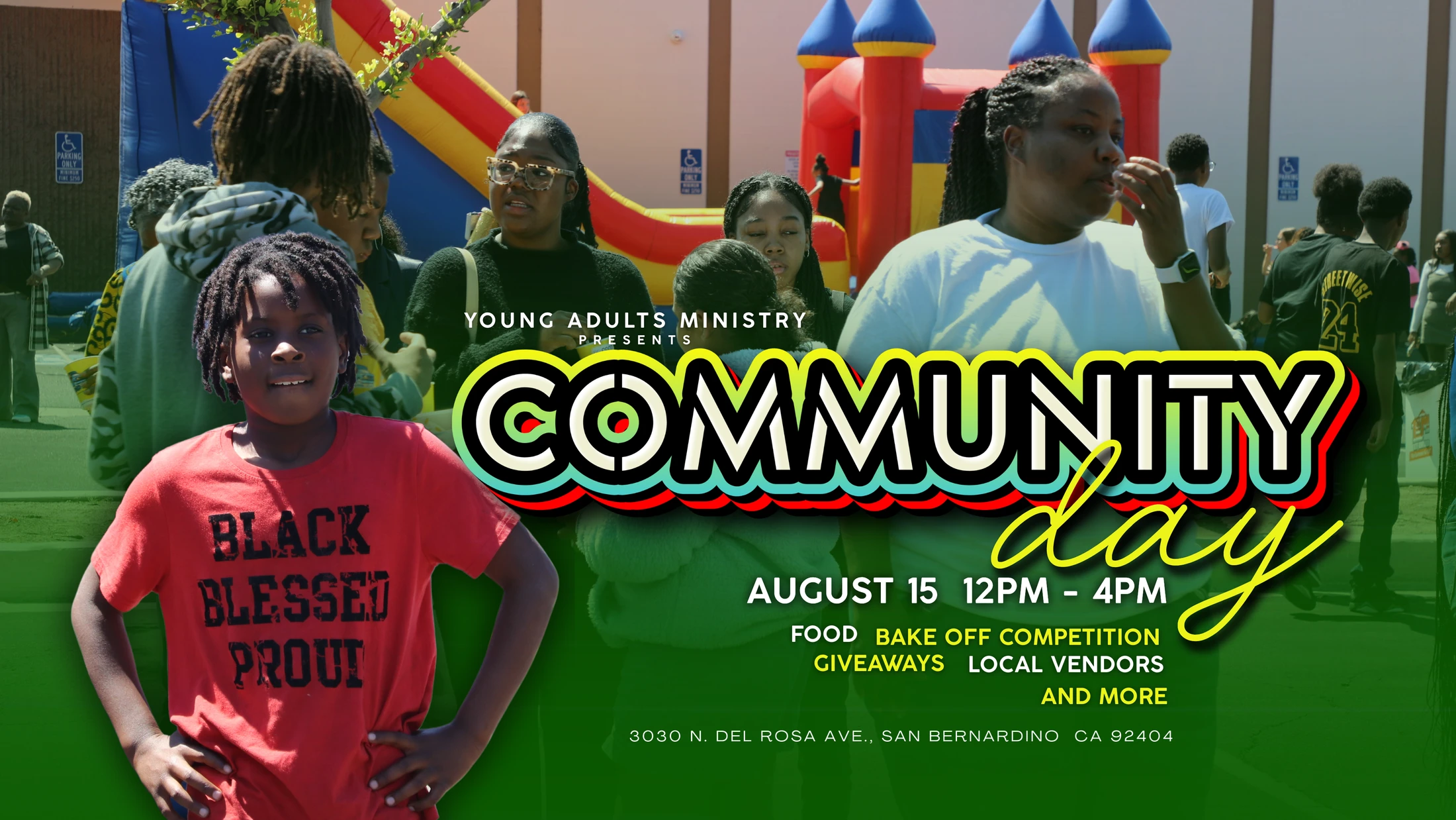 A flyer for a Community Day event featuring a smiling boy in a red shirt in front of a crowd, with a colorful bouncy castle in the background.