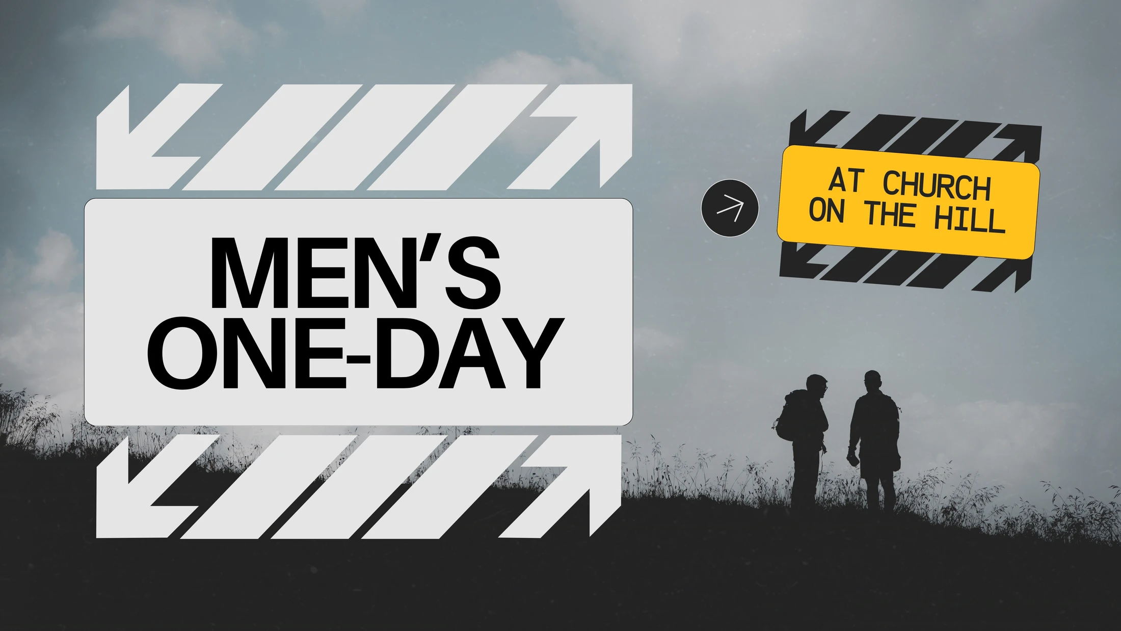 A graphic for a men's one-day event. Two men are silhouetted on a hill against a cloudy sky with text boxes and arrows overlaid.