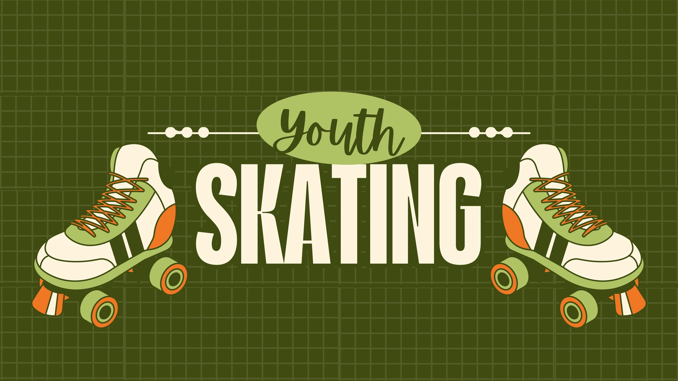 A retro-style graphic advertising 'Youth Skating,' flanked by two roller skates on a dark green grid background.
