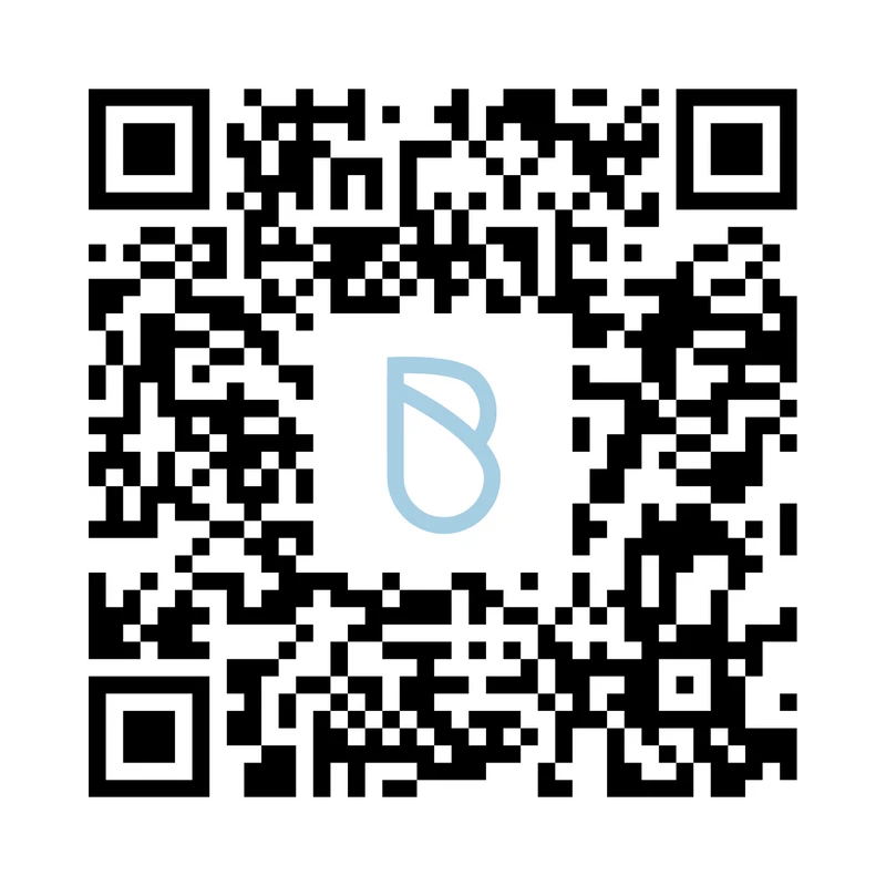 A square black and white QR code with a white space in the middle. Inside the space is a stylized, light blue logo of the letter B.