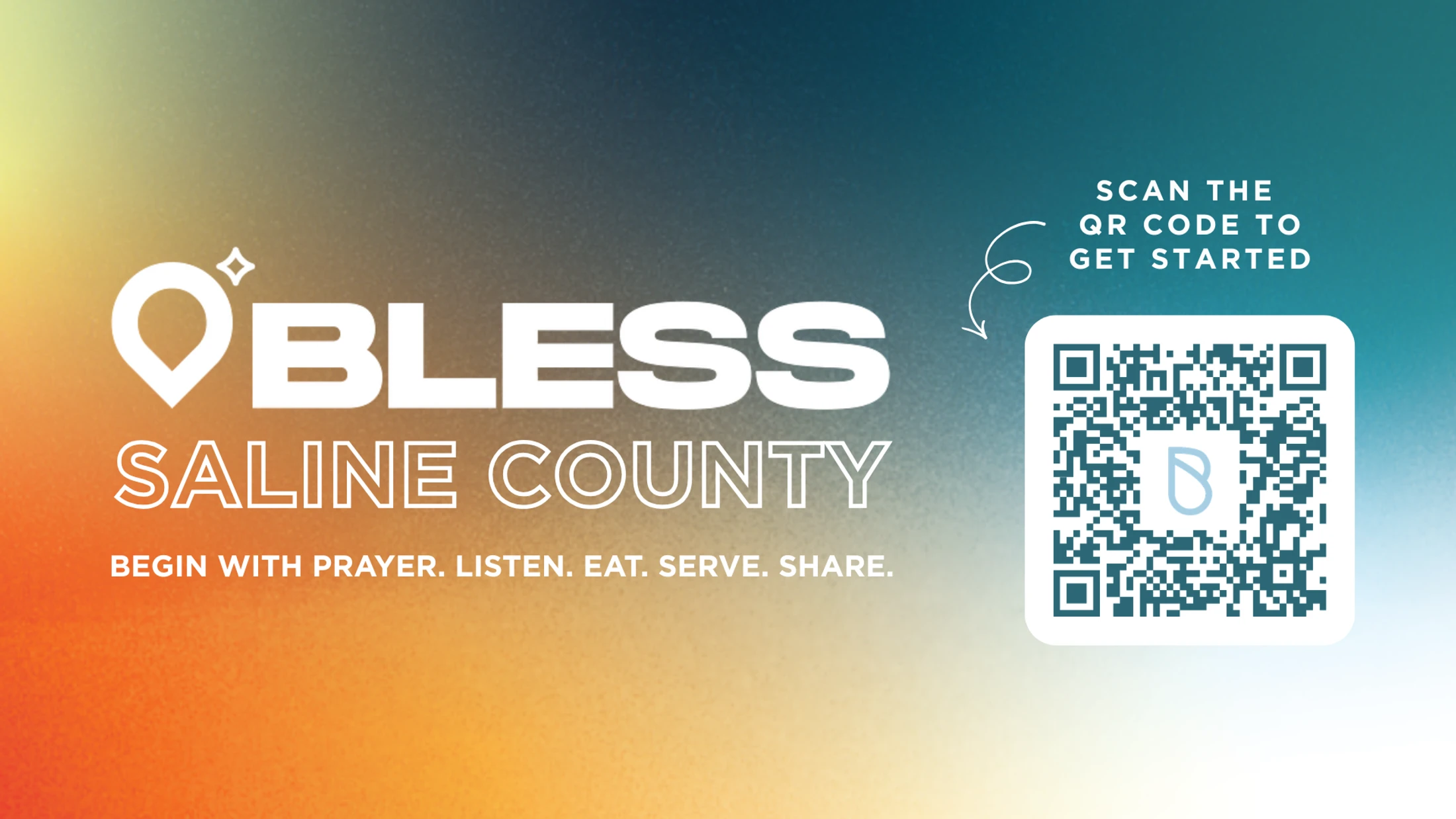 A promotional graphic for Bless Saline County on a gradient background, featuring a QR code with instructions to scan to get started.