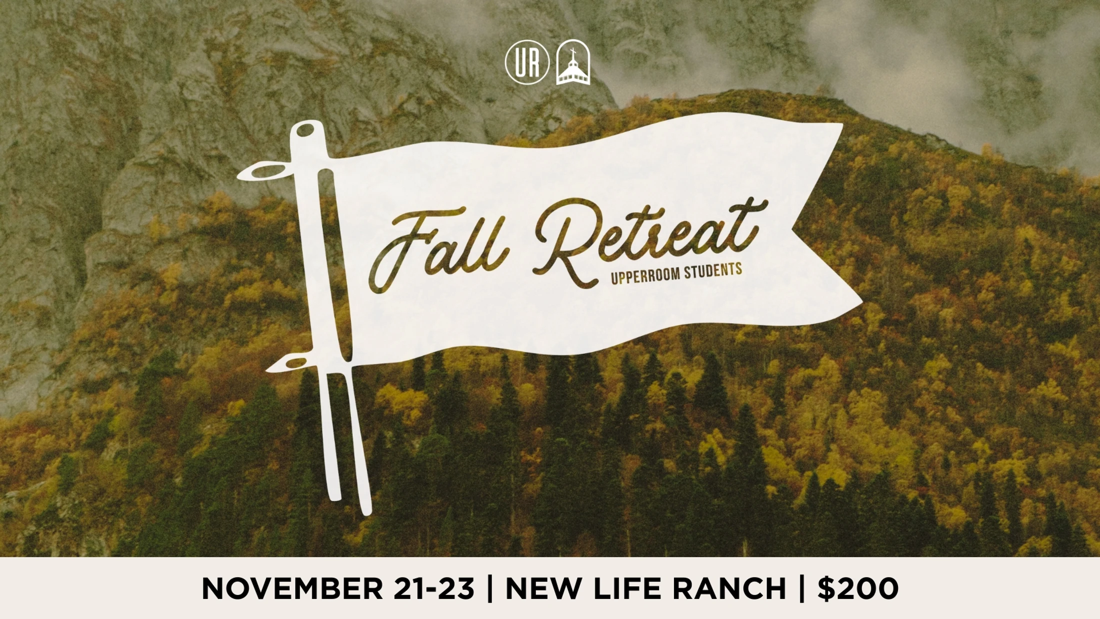A promotional graphic for the Upperroom Students Fall Retreat, featuring text over a photo of an autumn mountainside. Event details are listed below.