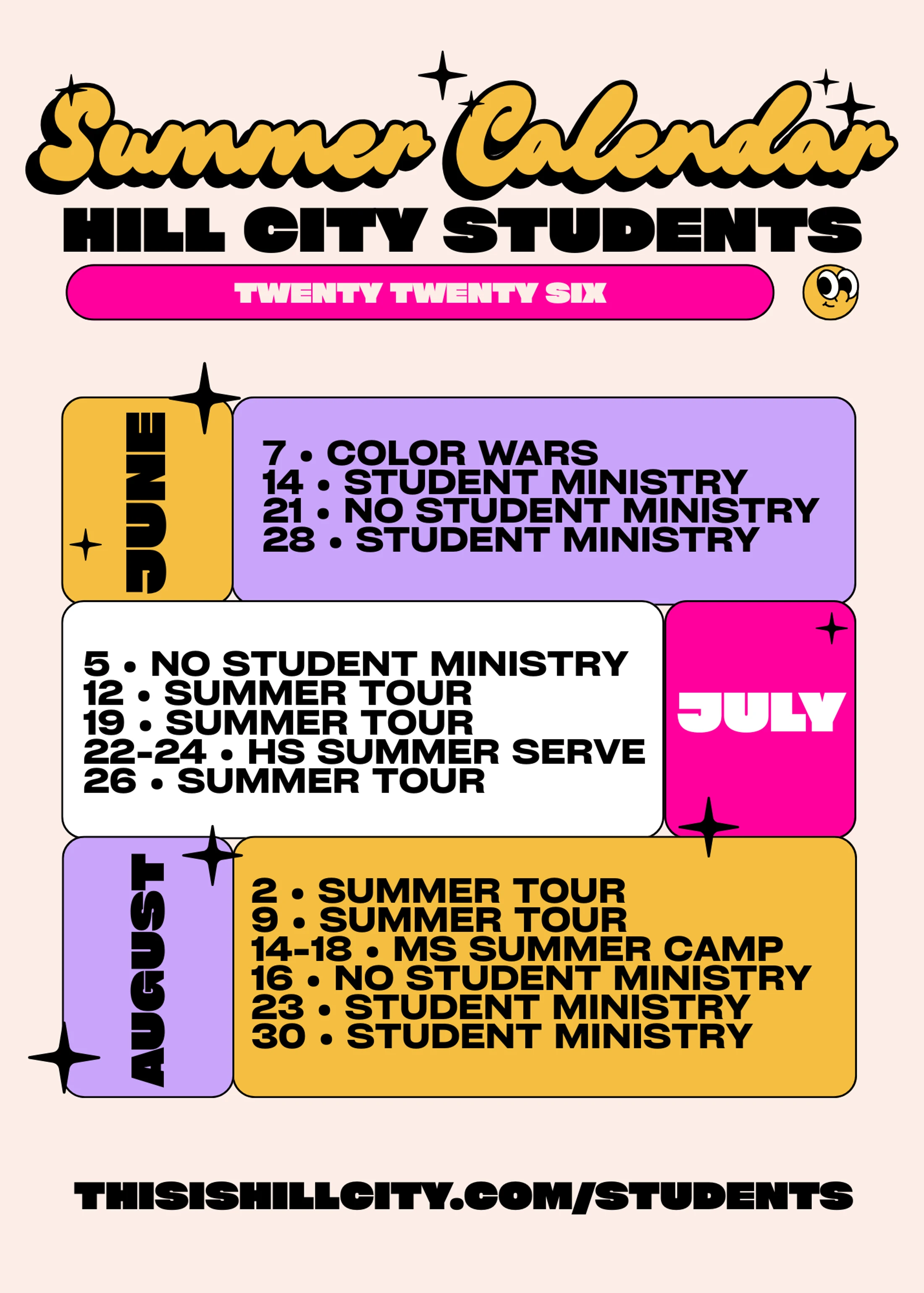 A colorful, retro-style summer calendar for Hill City Students listing events for June, July, and August 2026 in bold, stylized text.
