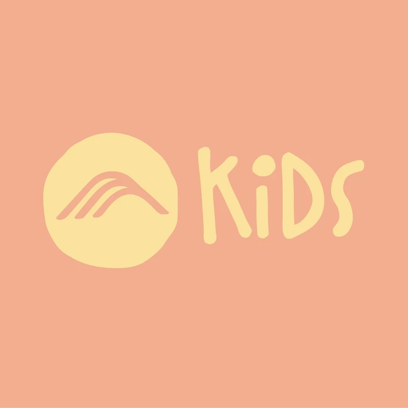 A simple logo with a pale yellow circle containing an abstract rainbow next to the word "KIDS" in a handwritten font, on a soft peach background.