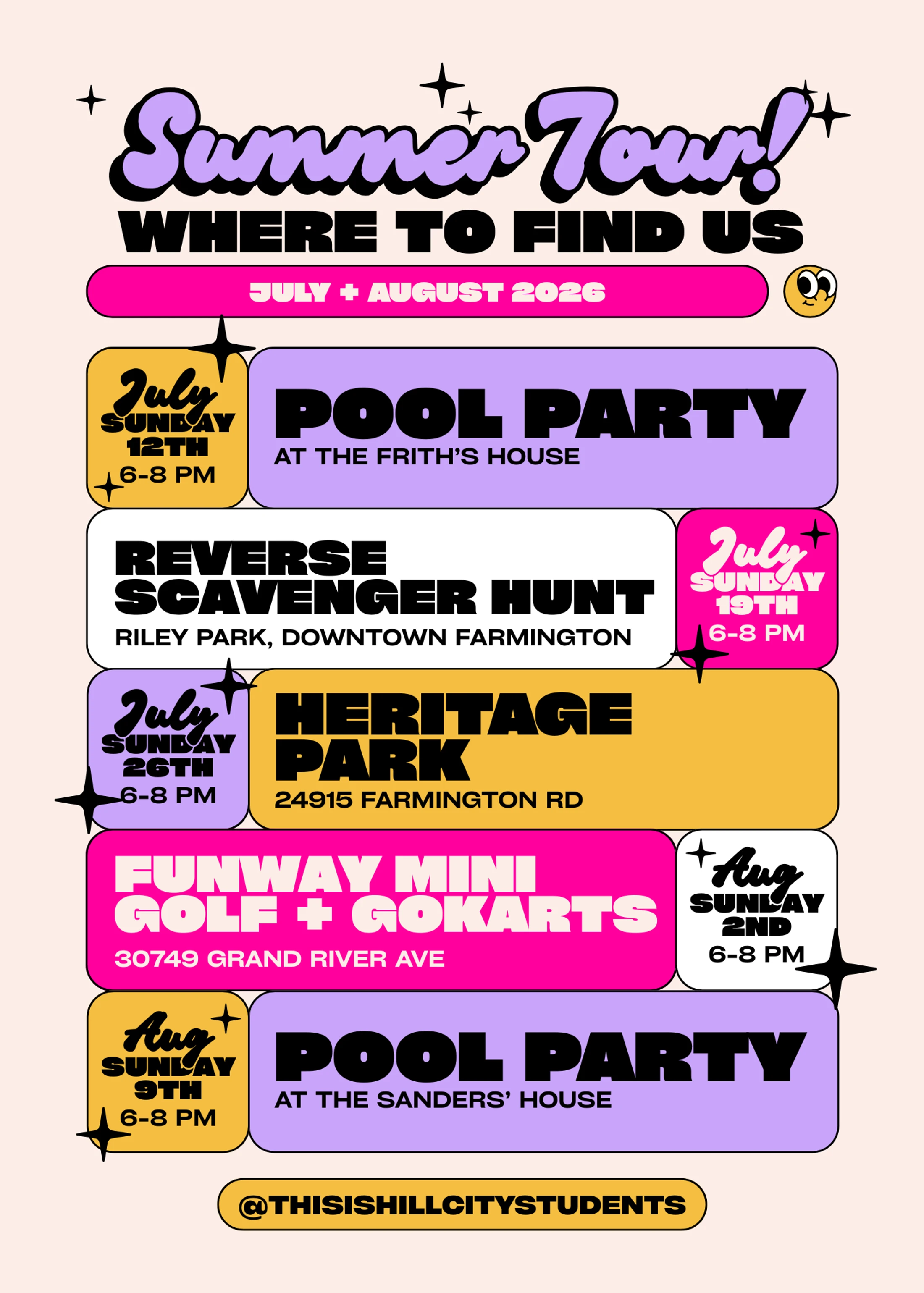 A colorful flyer for a 'Summer Tour' listing events for July and August 2026. Events include pool parties, a scavenger hunt, park day, and mini golf.