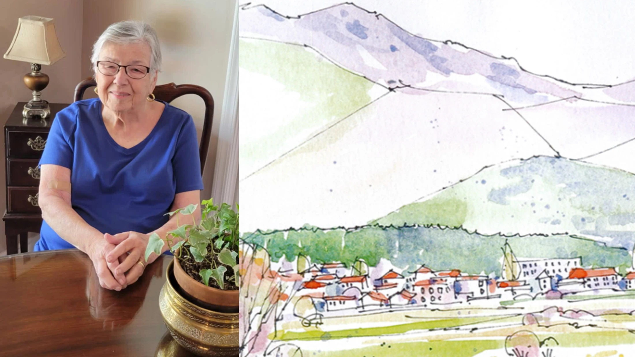 A split image showing an elderly woman in a blue shirt smiling on the left, and her watercolor painting of a mountain village on the right.