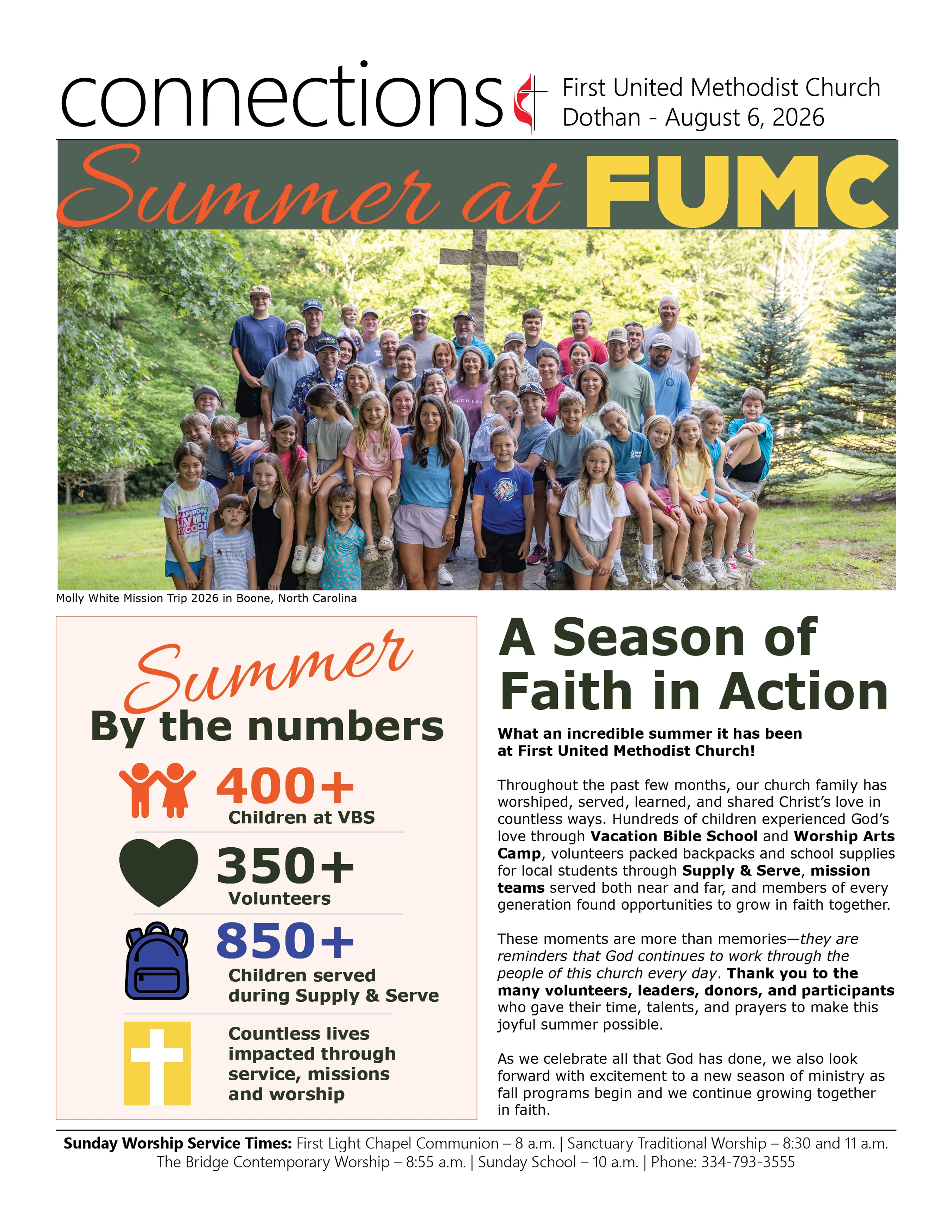 A newsletter for First United Methodist Church titled 'Summer at FUMC' with a group photo of a mission trip and highlights of summer ministry activities.