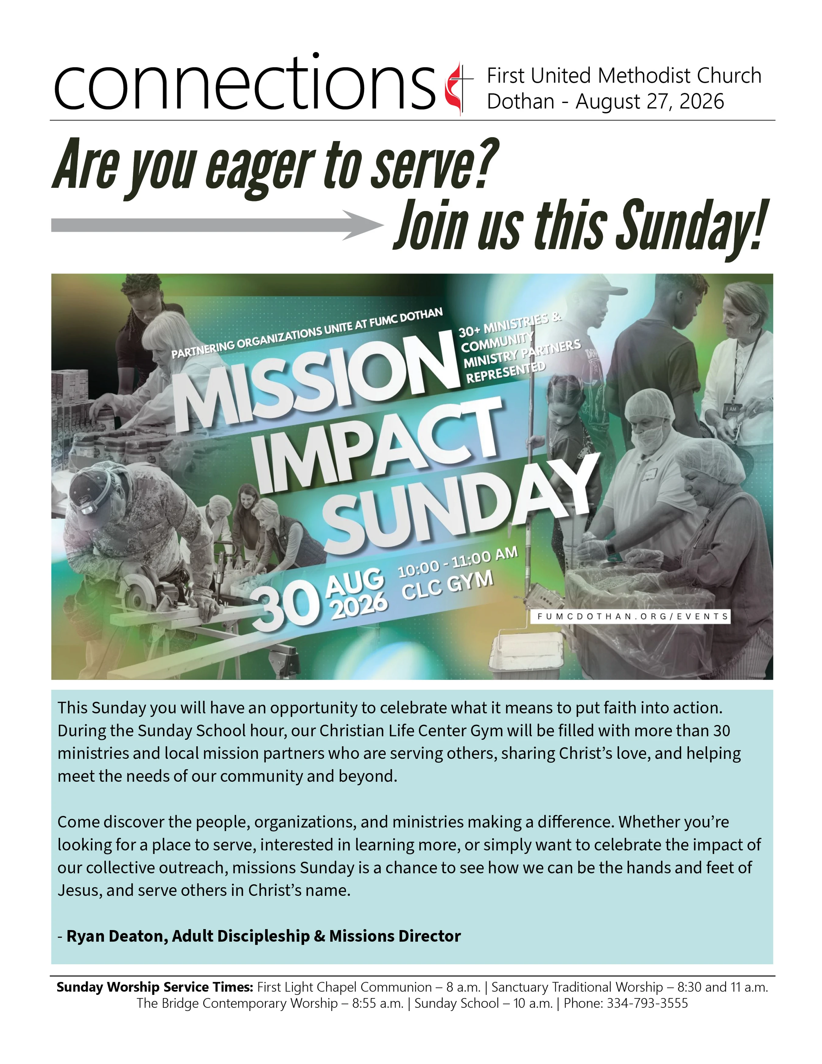 A flyer for Mission Impact Sunday at First United Methodist Church Dothan. It has a collage of volunteers and text asking, 'Are you eager to serve?'