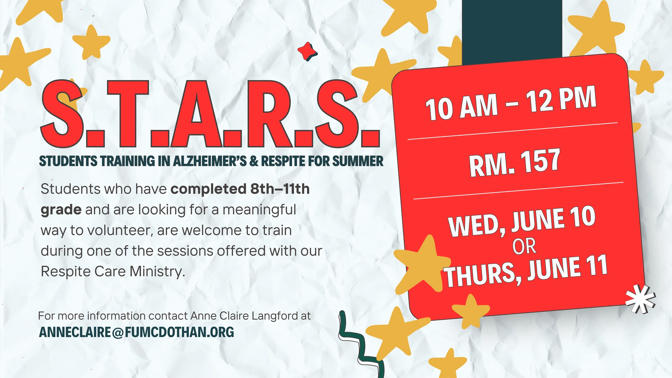 A colorful flyer for the S.T.A.R.S. program, inviting students in grades 8-11 to volunteer training for Alzheimer's & Respite care on June 10 or 11.