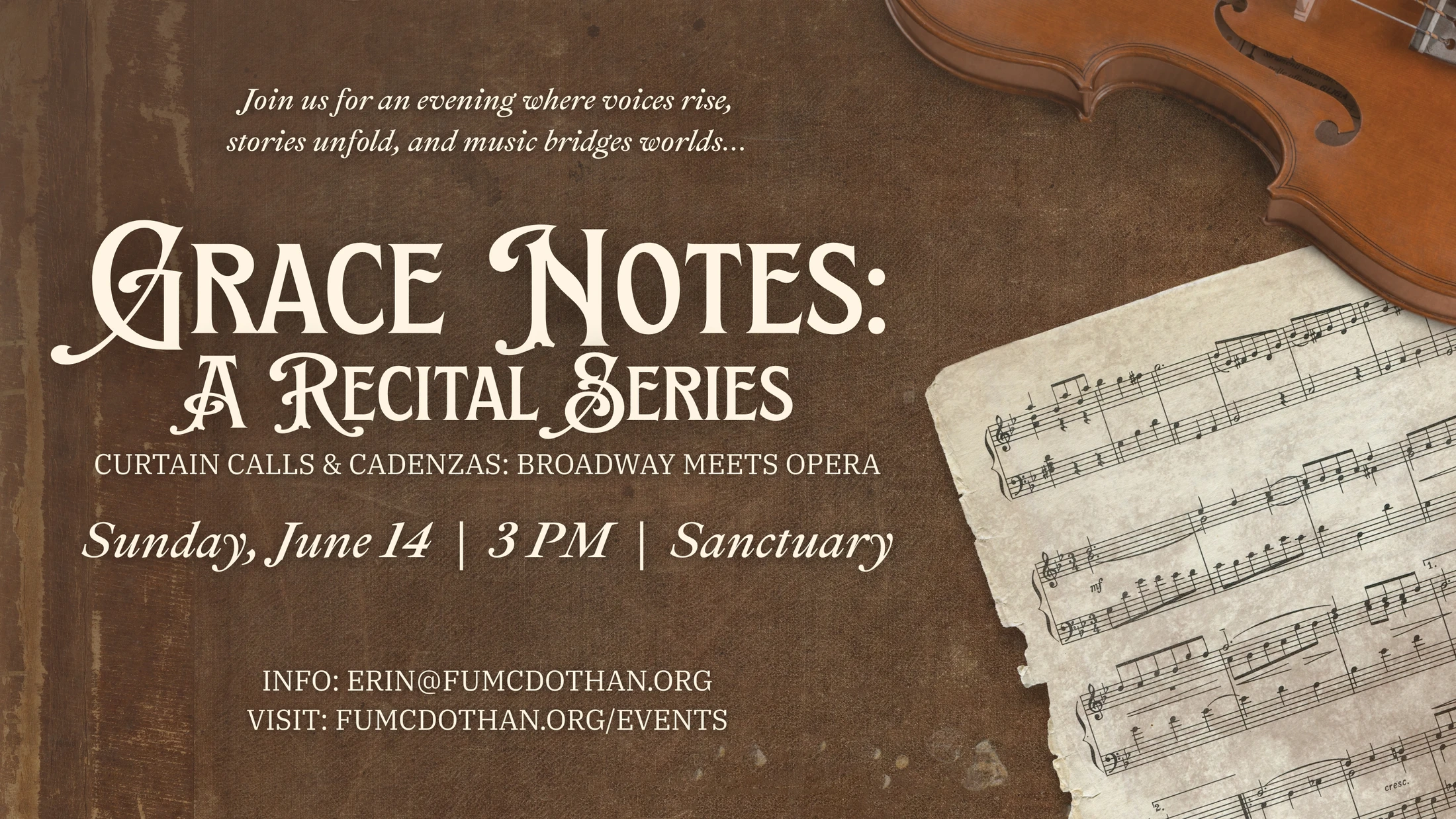 A promotional poster for 'Grace Notes: A Recital Series.' It has a brown textured background with a violin and sheet music in the corners.