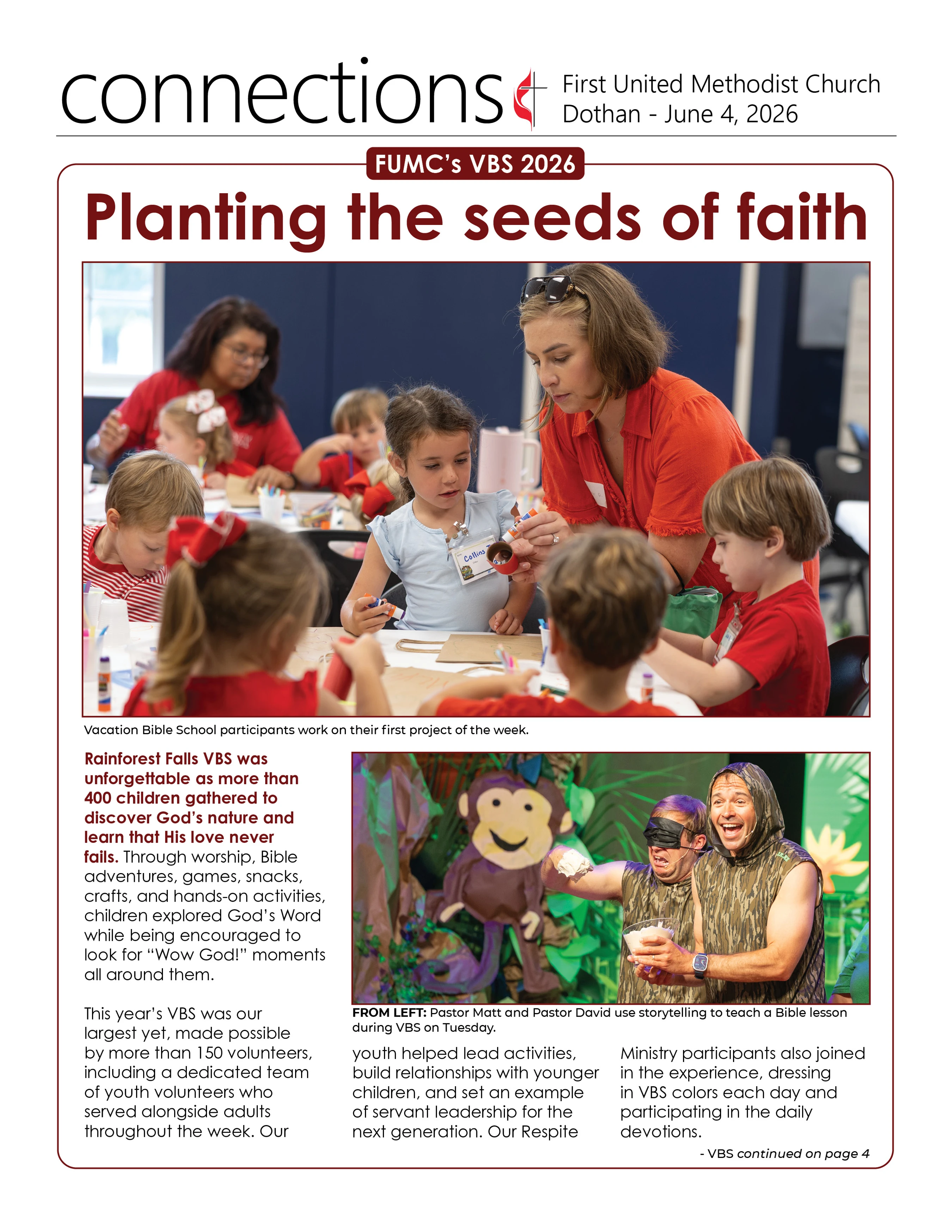 A church newsletter page about Vacation Bible School, showing photos of children doing crafts with volunteers and pastors storytelling on a jungle-themed stage.