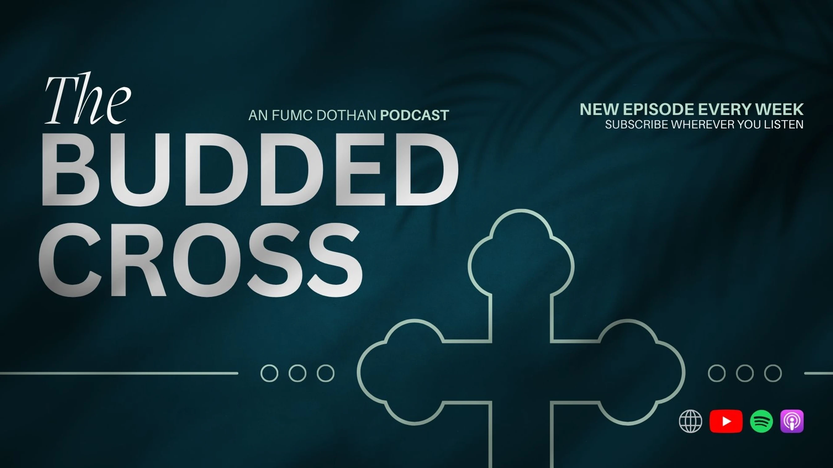 Promotional graphic for a podcast called The Budded Cross, with a stylized cross outline on a dark teal background with listening platform icons.