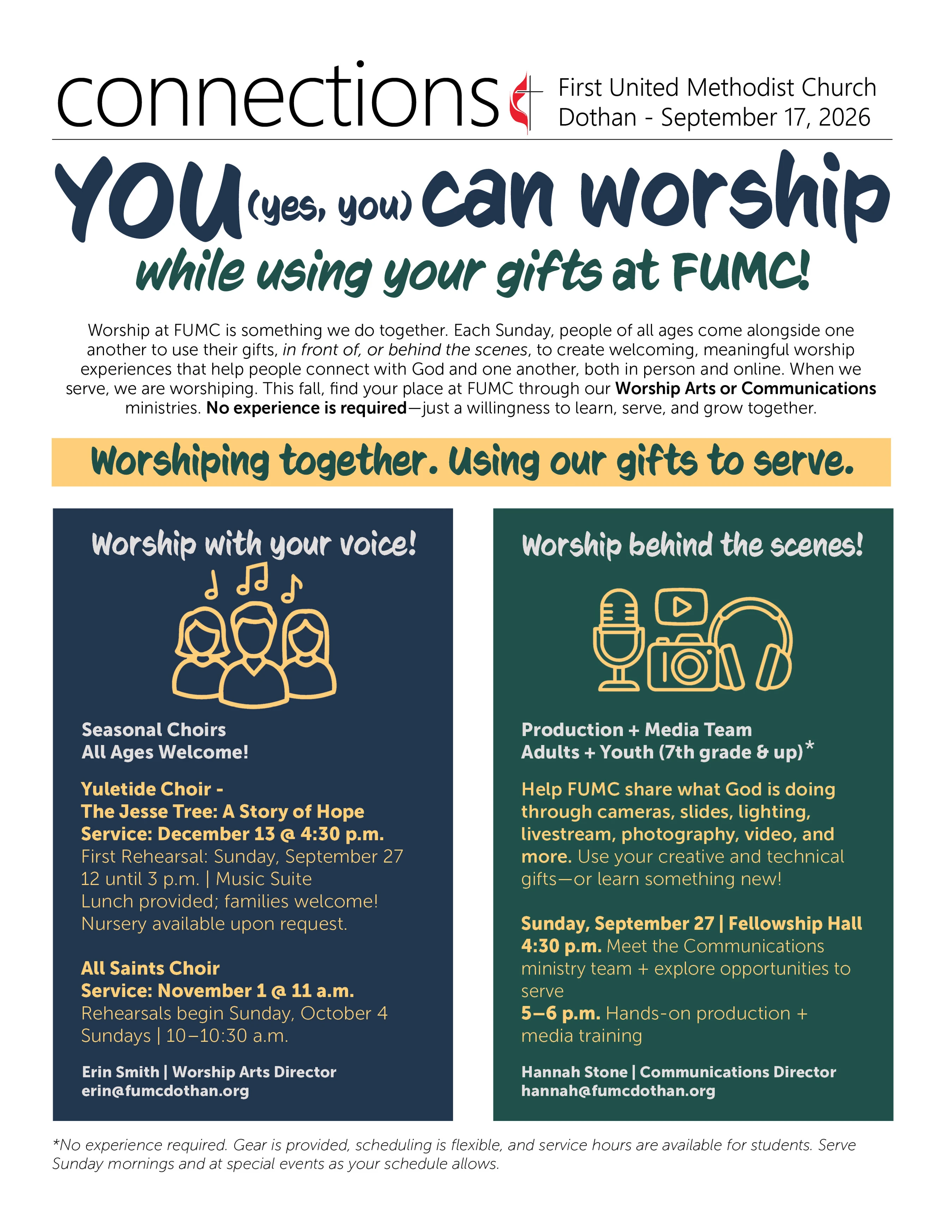 A flyer for First United Methodist Church Dothan inviting members to worship by using their gifts in seasonal choirs or the production and media team.