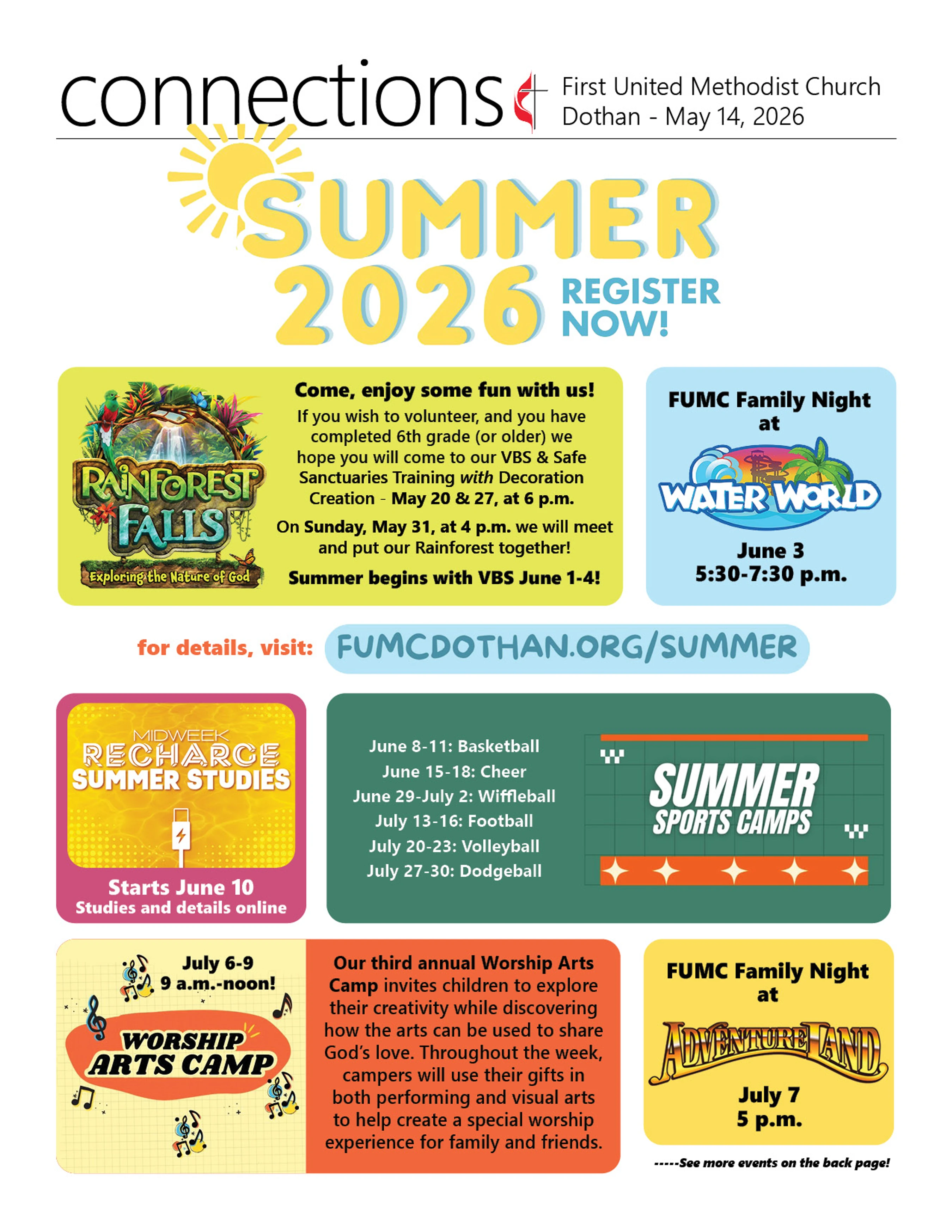 A colorful flyer for the First United Methodist Church of Dothan's Summer 2026 events, including VBS, summer studies, sports camps, and family nights.