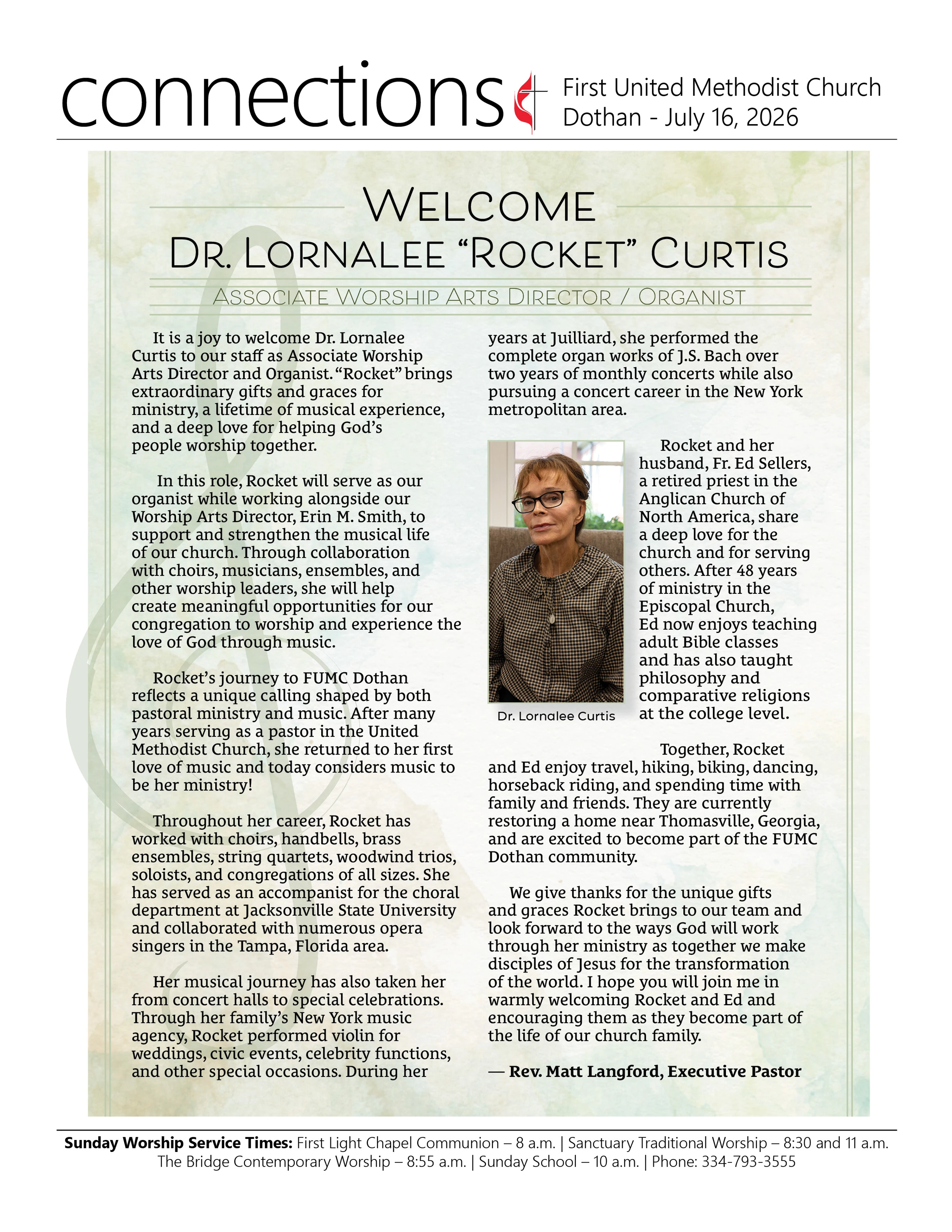 A page from a church newsletter titled "connections" introducing Dr. Lornalee "Rocket" Curtis, the new Associate Worship Arts Director, with her photo and bio.