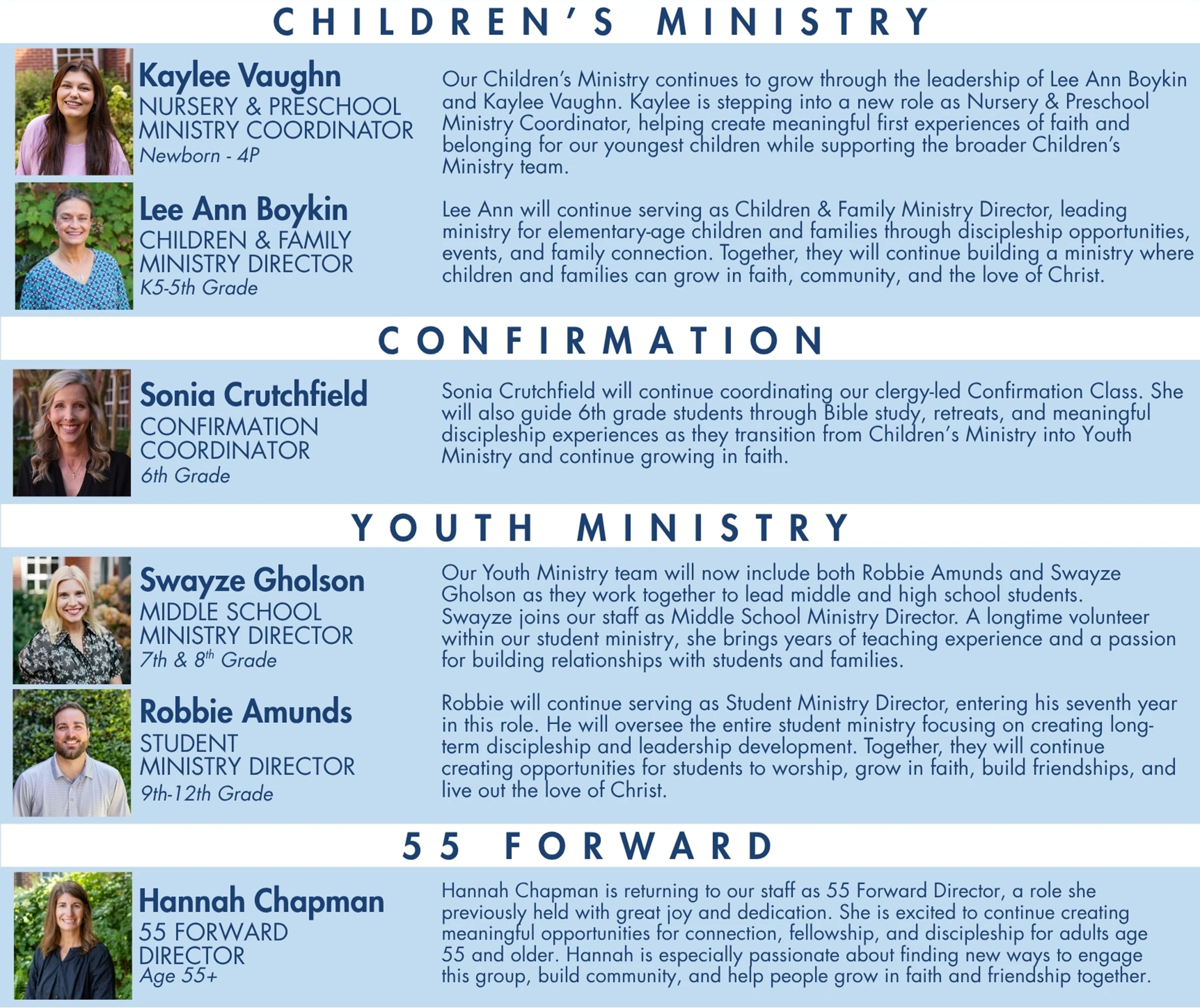 An informational graphic introducing various ministry leaders with their headshots, names, titles, and a description of their roles for different age groups.