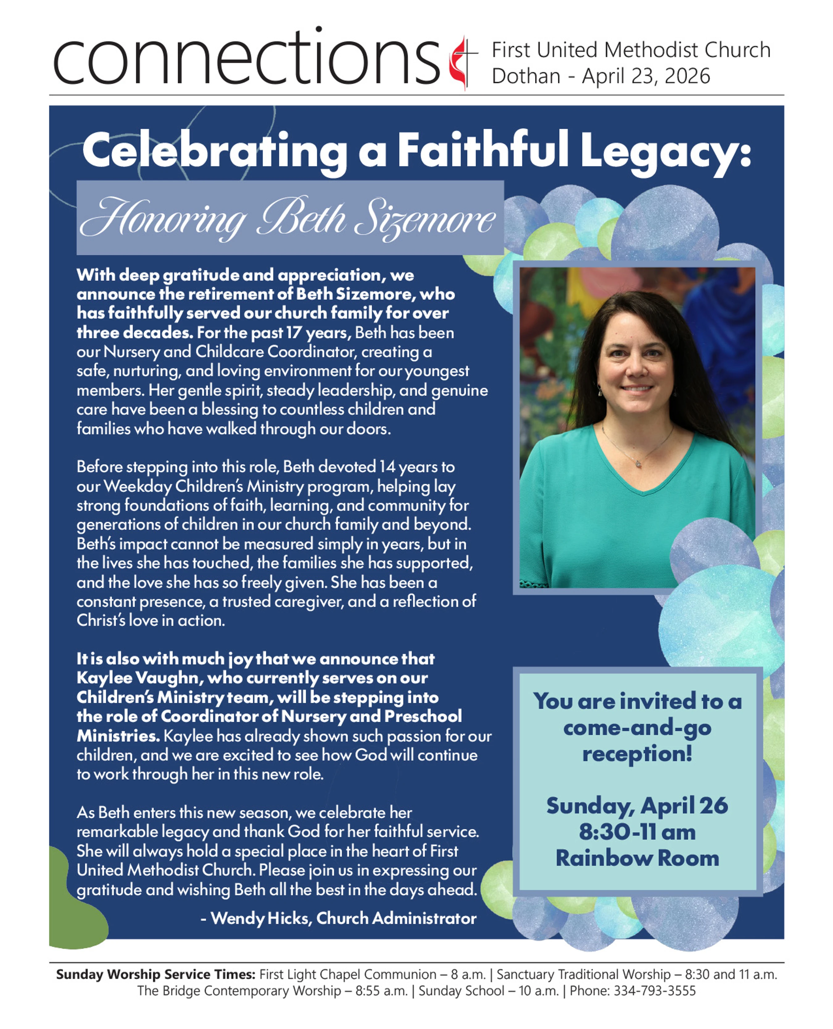 A church newsletter announcing the retirement of Beth Sizemore. The flyer includes her photo, a tribute to her service, and an invitation to a reception.