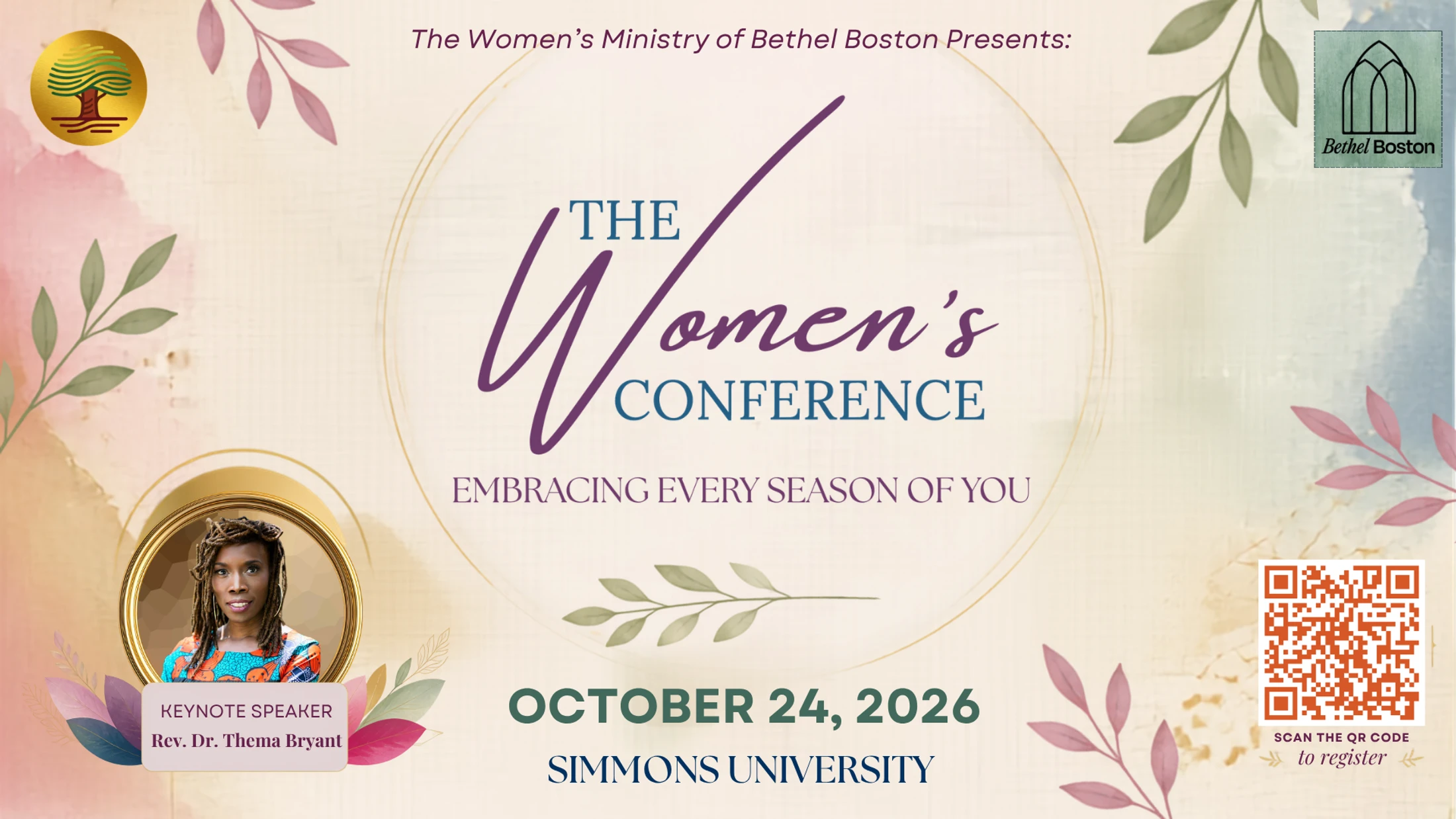 Promotional graphic for The Women's Conference on October 24, 2026, at Simmons University, with keynote speaker Rev. Dr. Thema Bryant.