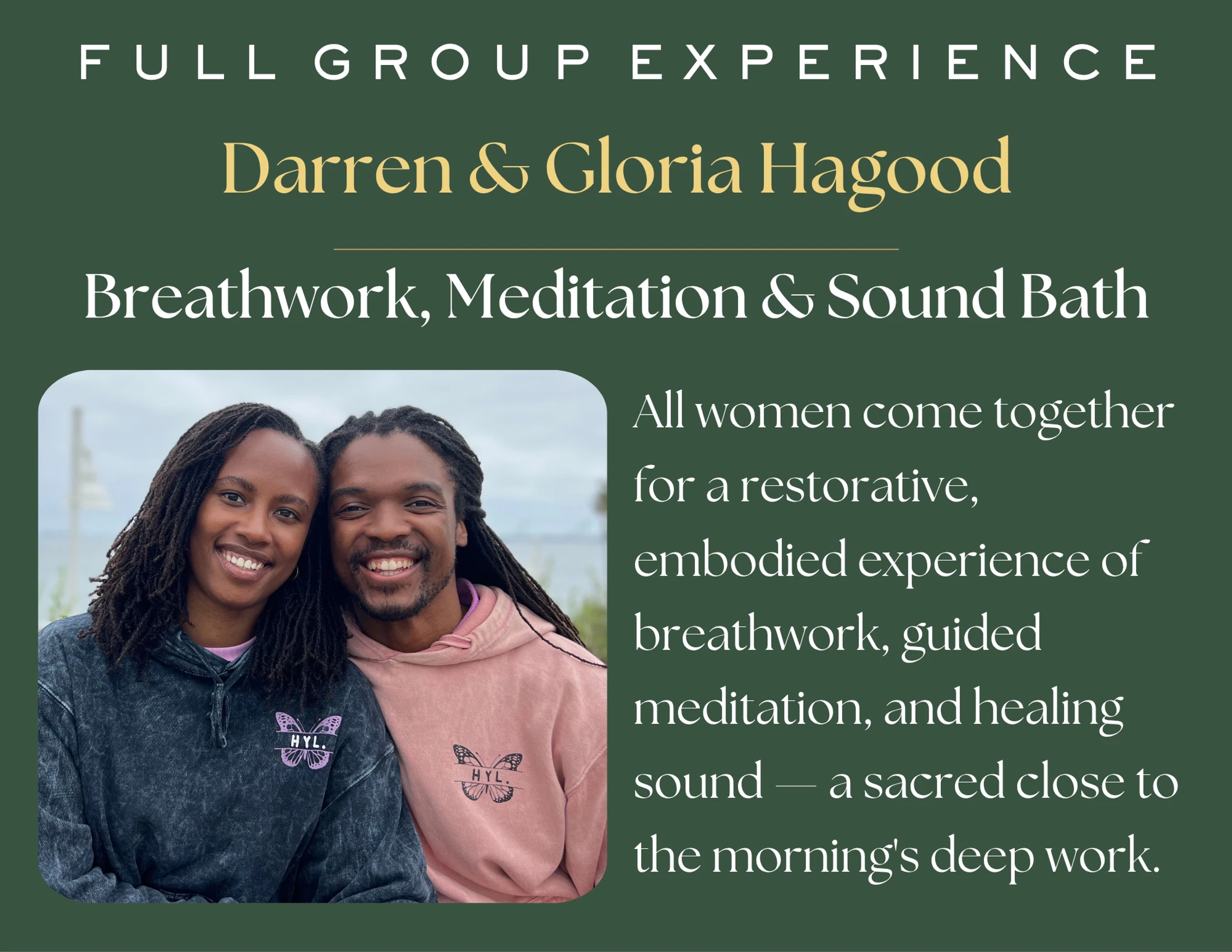 A smiling Black couple, Darren and Gloria Hagood, on a green background advertising a breathwork, meditation, and sound bath experience for women.