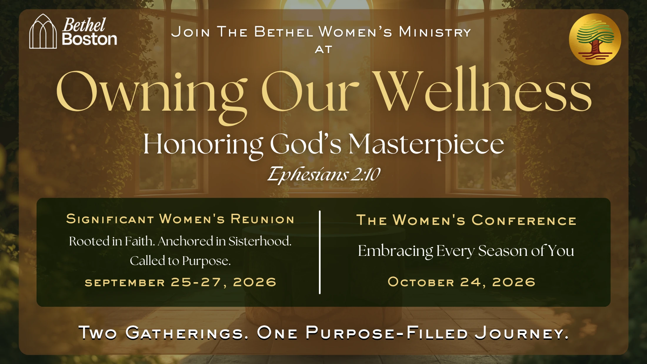 Promotional graphic for Bethel Women's Ministry event 'Owning Our Wellness' with details for a reunion in September and a conference in October 2026.