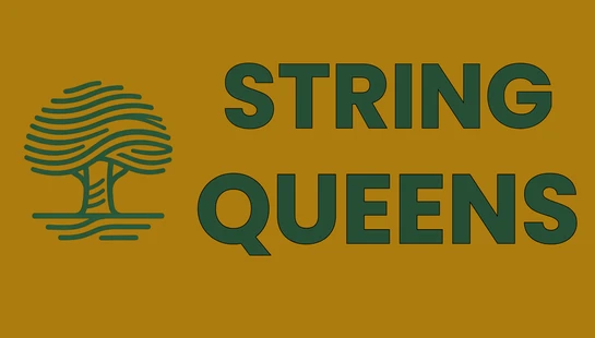 The logo for String Queens, featuring dark green text and a stylized tree on a mustard yellow background. The tree is composed of wavy green lines.