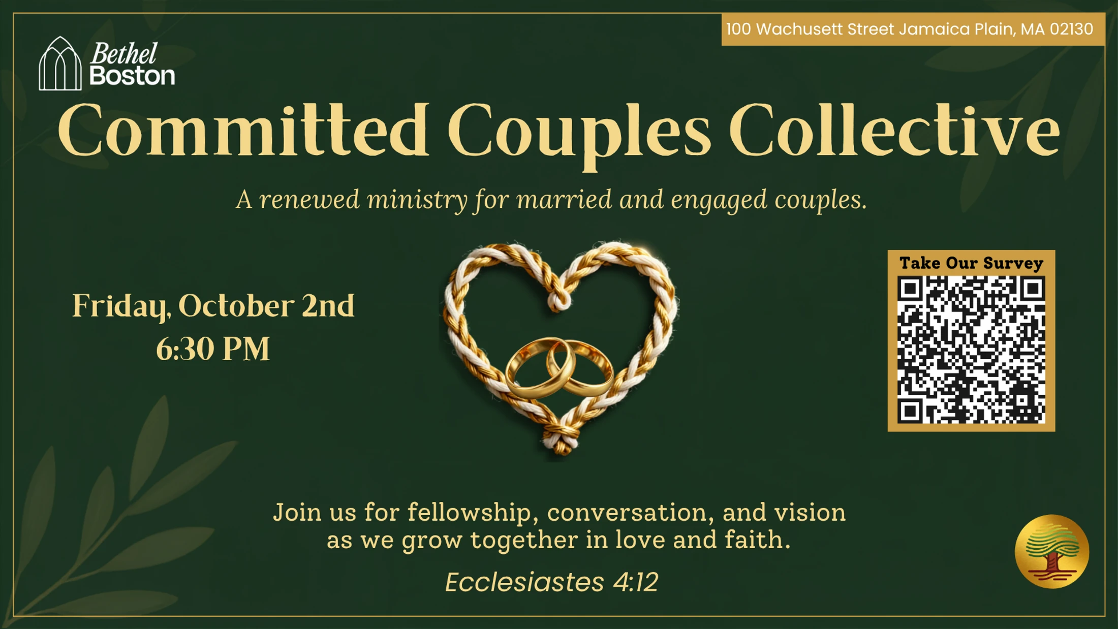 An event flyer for the Committed Couples Collective, a ministry for married and engaged couples. Green background with gold text and a heart icon.