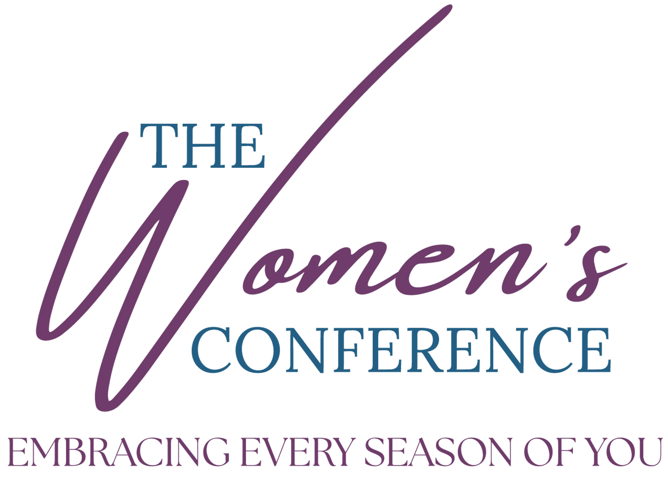 Logo for The Women's Conference. The word 'Women's' is in large purple script, with 'The' and 'Conference' in blue. Tagline: 'Embracing Every Season of You'.