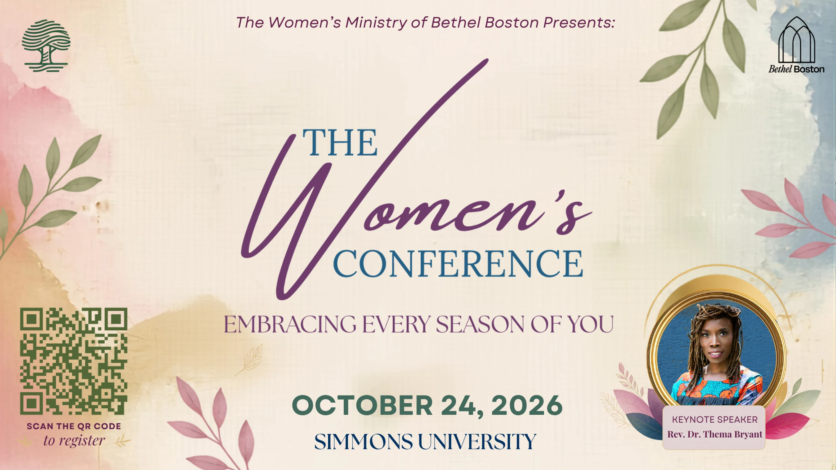 Promotional graphic for The Women's Conference on October 24, 2026, at Simmons University, featuring keynote speaker Rev. Dr. Thema Bryant and a QR code.