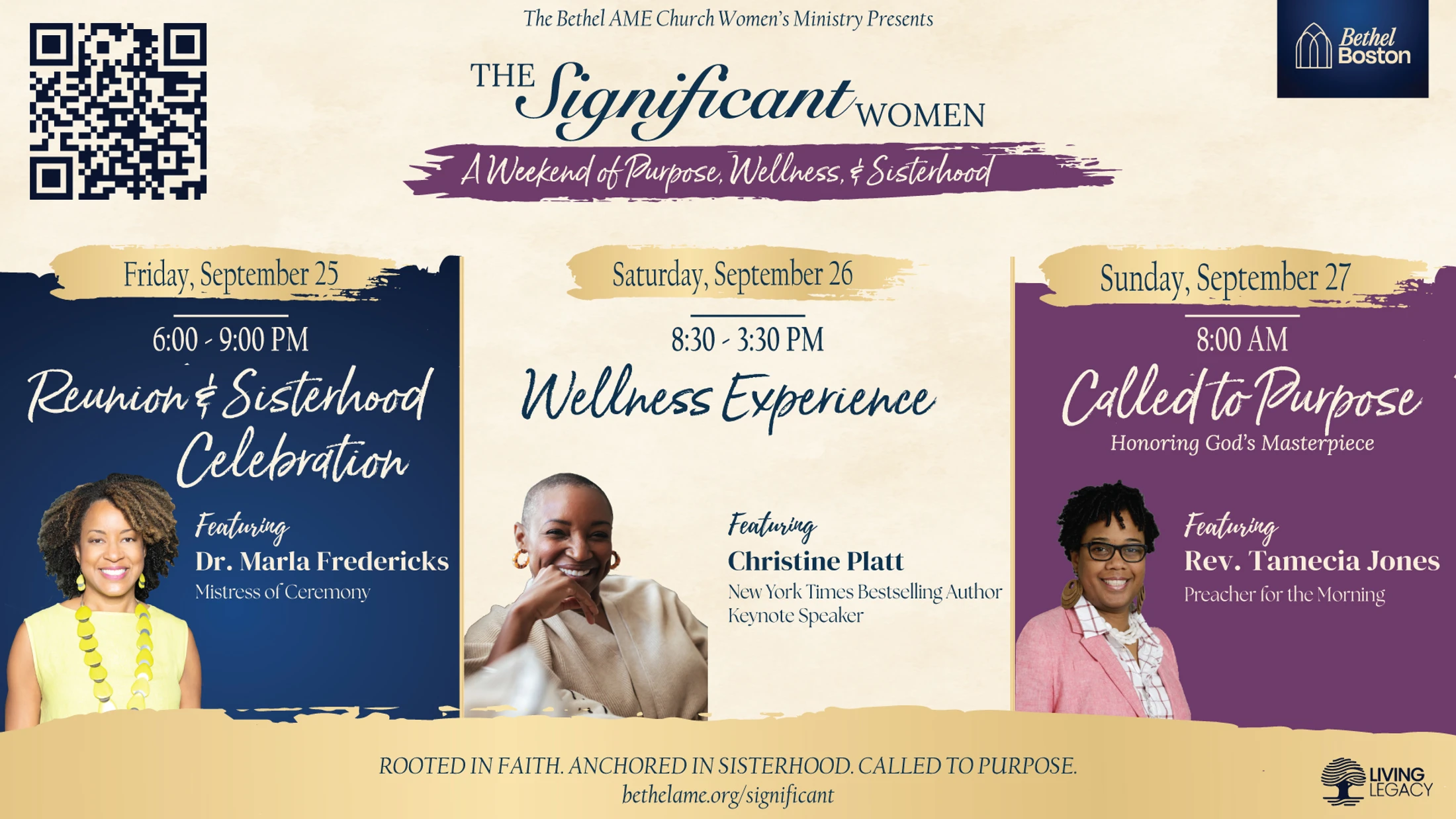 A promotional flyer for The Significant Women weekend event, detailing the schedule for Sept 25-27 and featuring photos of the three women speakers.